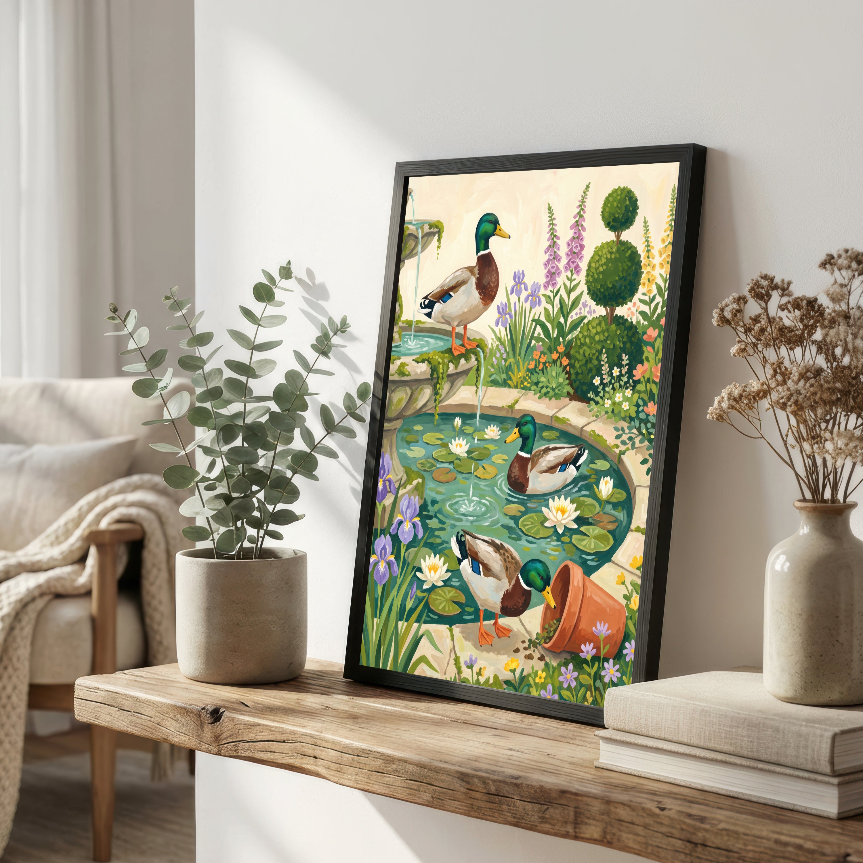 Ducks in Garden Pond Art Print
