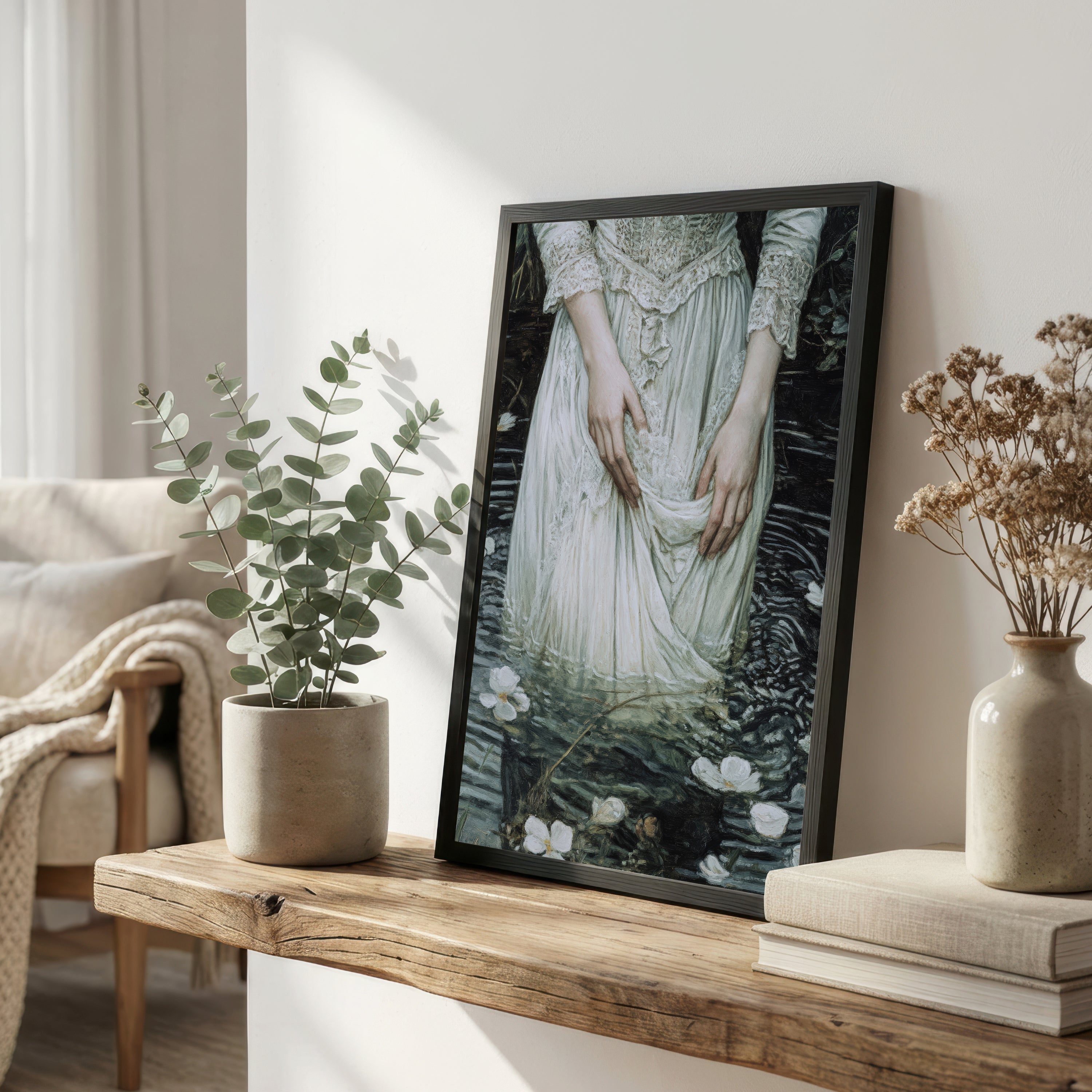 Woman in Water Lily Pond Art Print