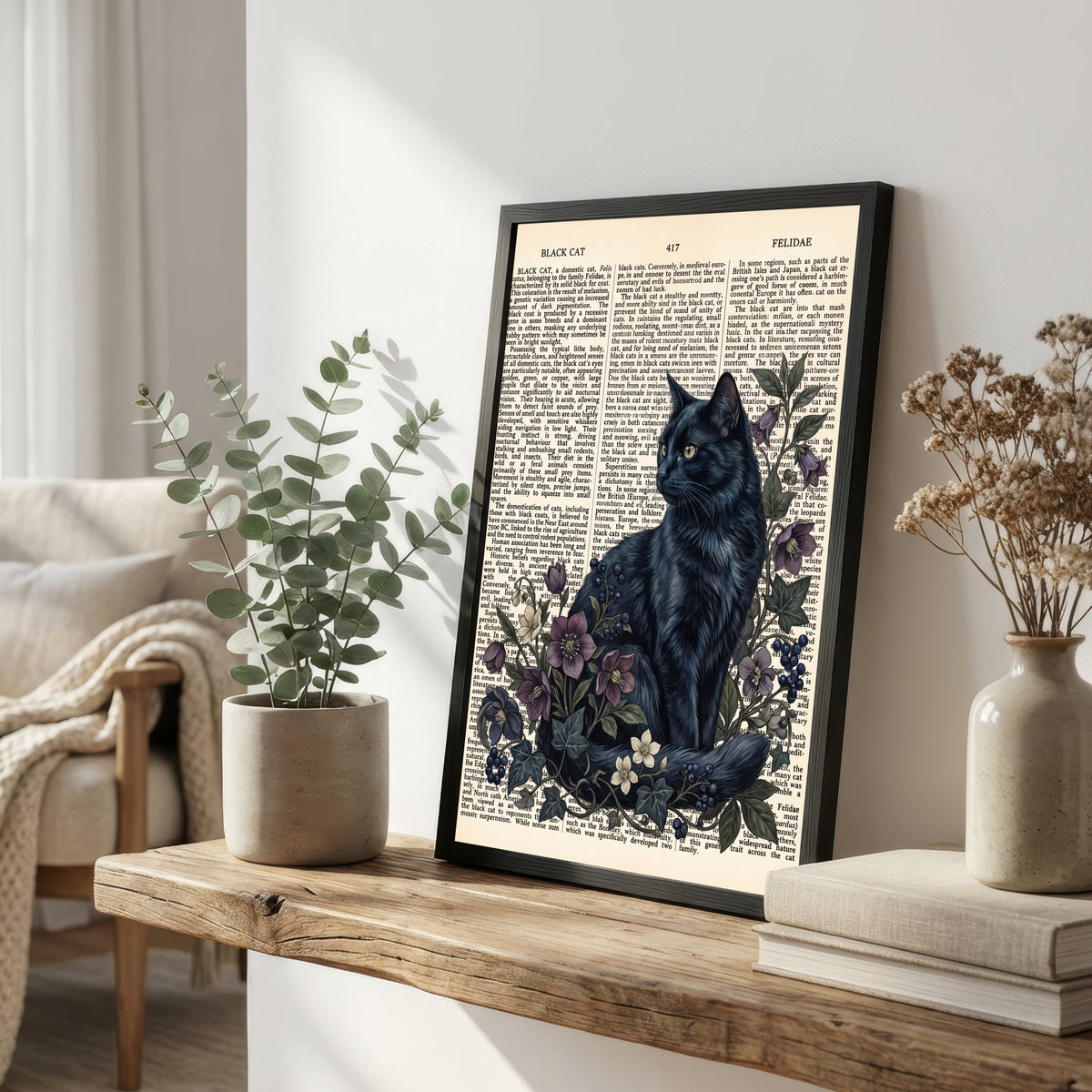 Vintage Black Cat Botanical Art Print
