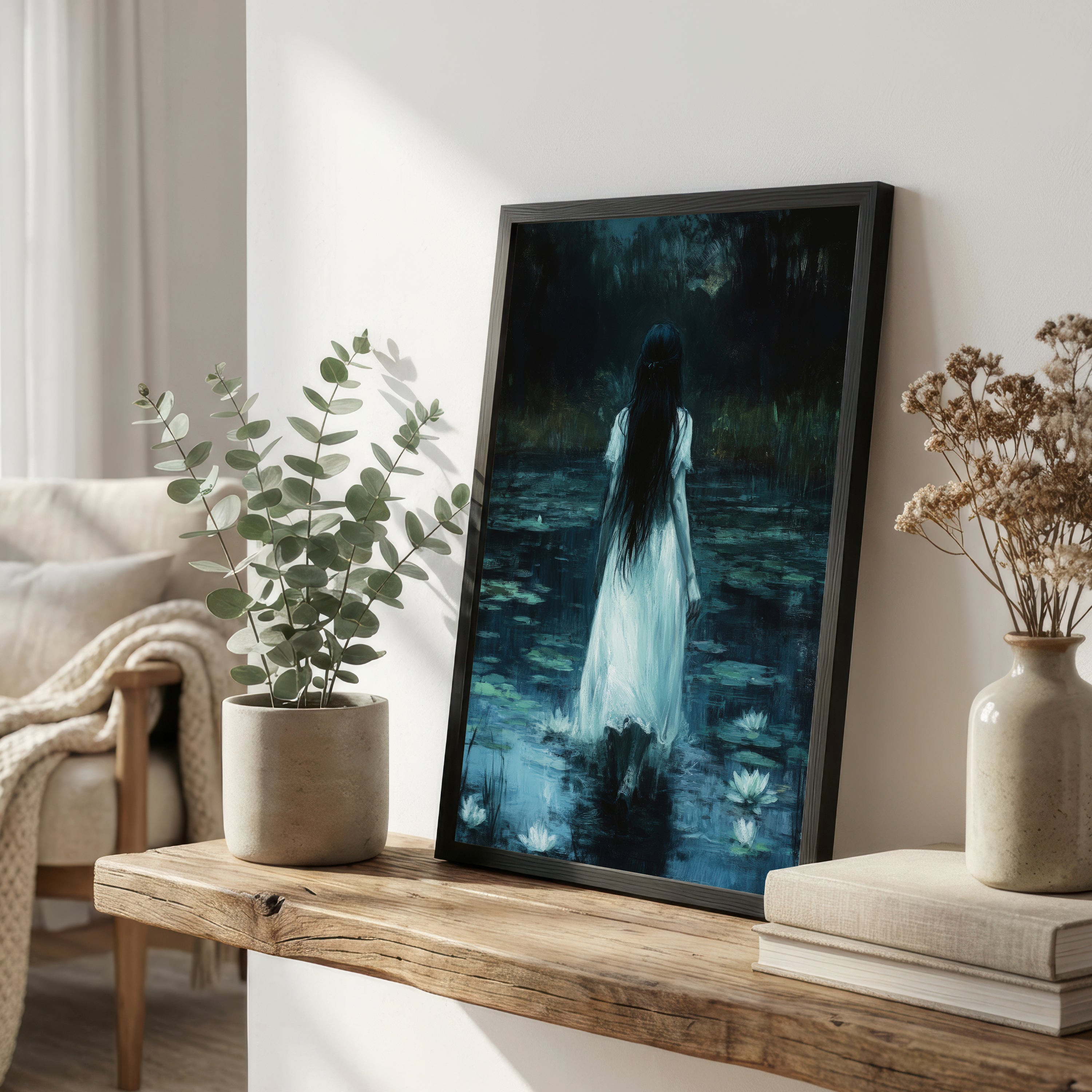 Gothic Girl Lily Pond Art Print