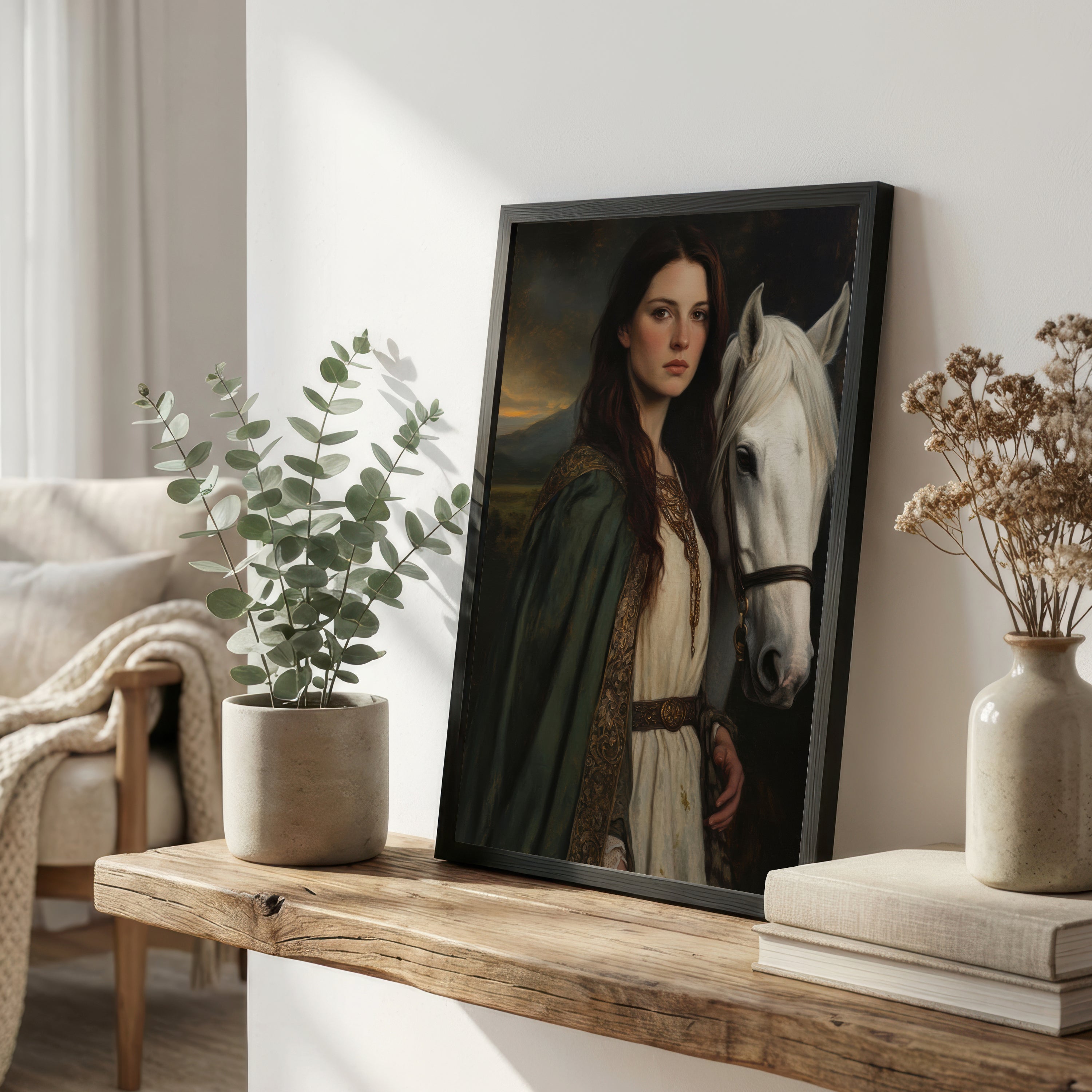 Medieval Woman and White Horse Art Print