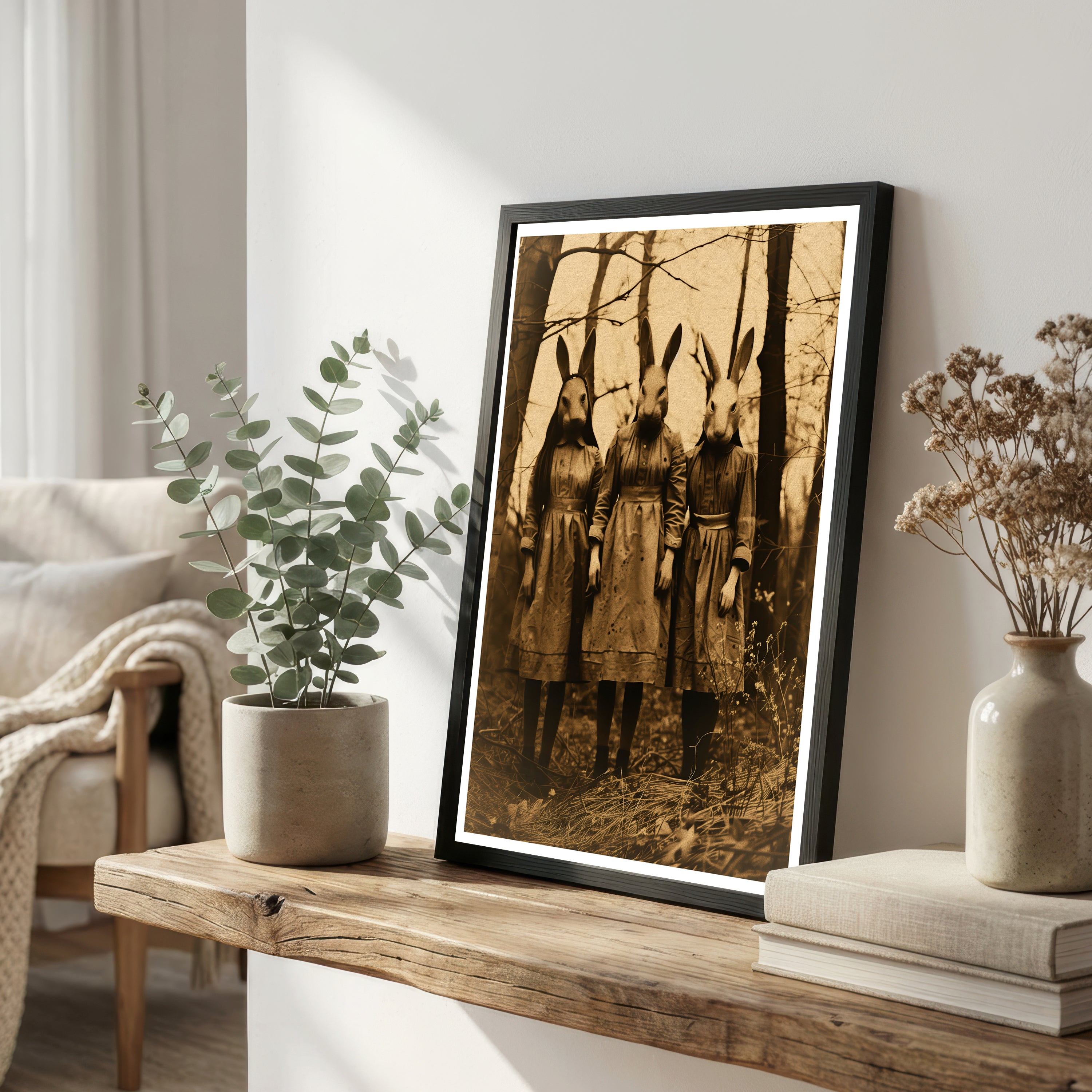 Three Rabbit Girls Dark Academia Art Print