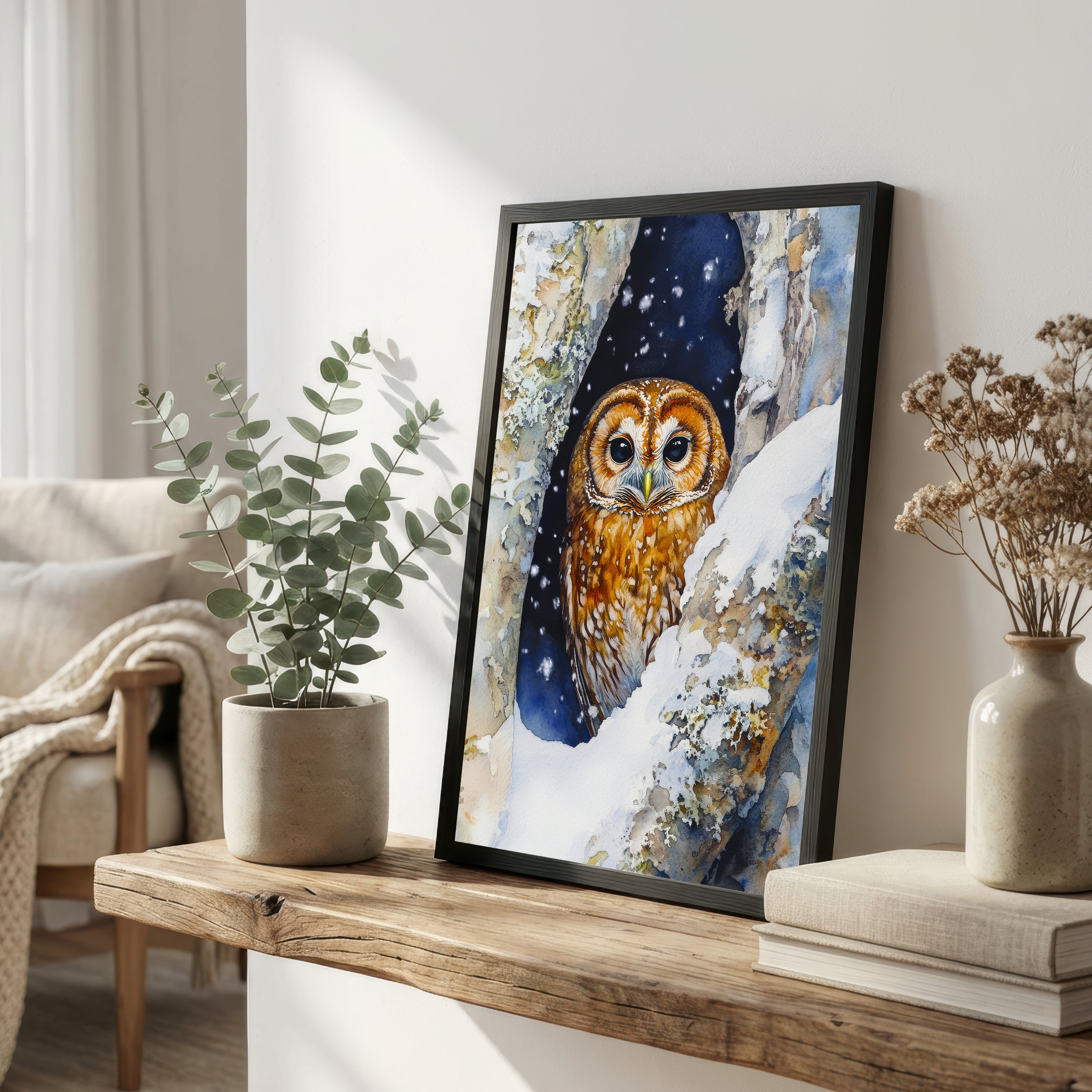 Owl in Snowy Woodland Art Print