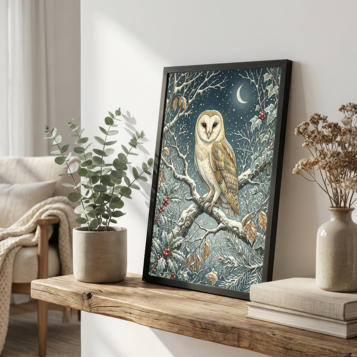 Snowy Barn Owl Winter Art Print
