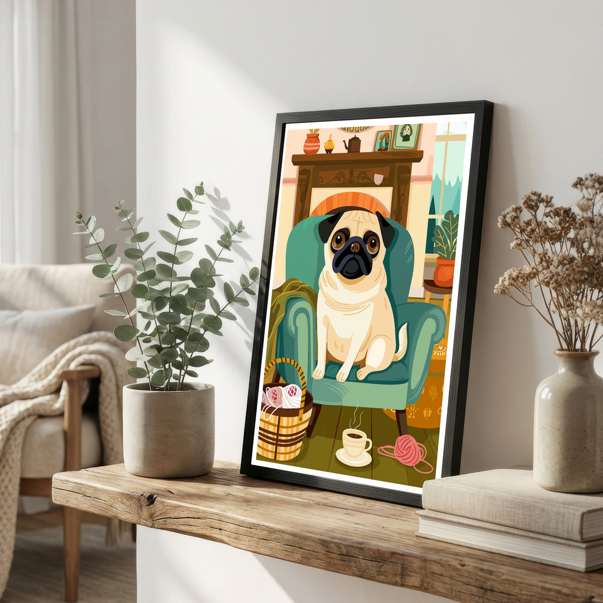 Cozy Pug Armchair Art Print
