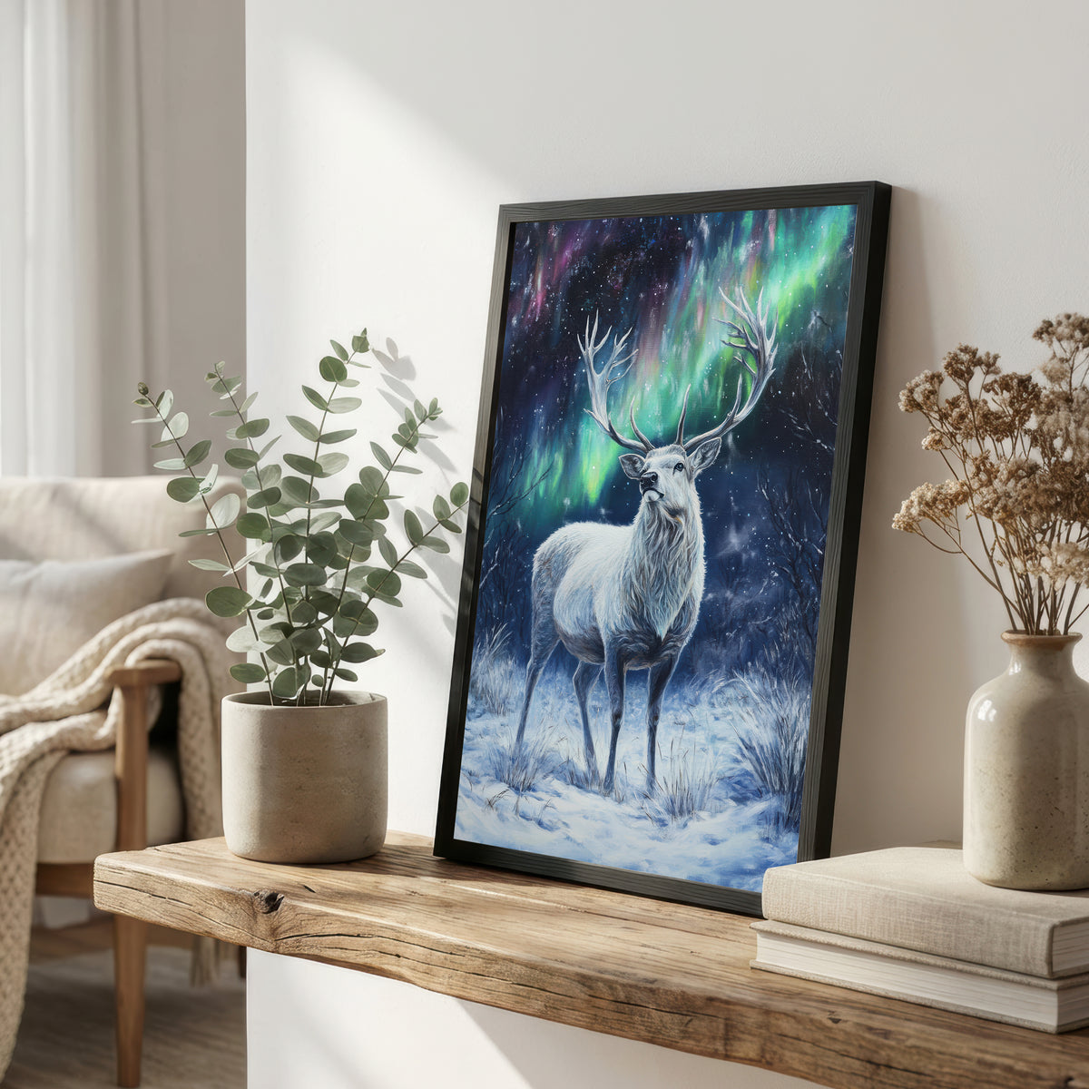 Stag Under Northern Lights Art Print
