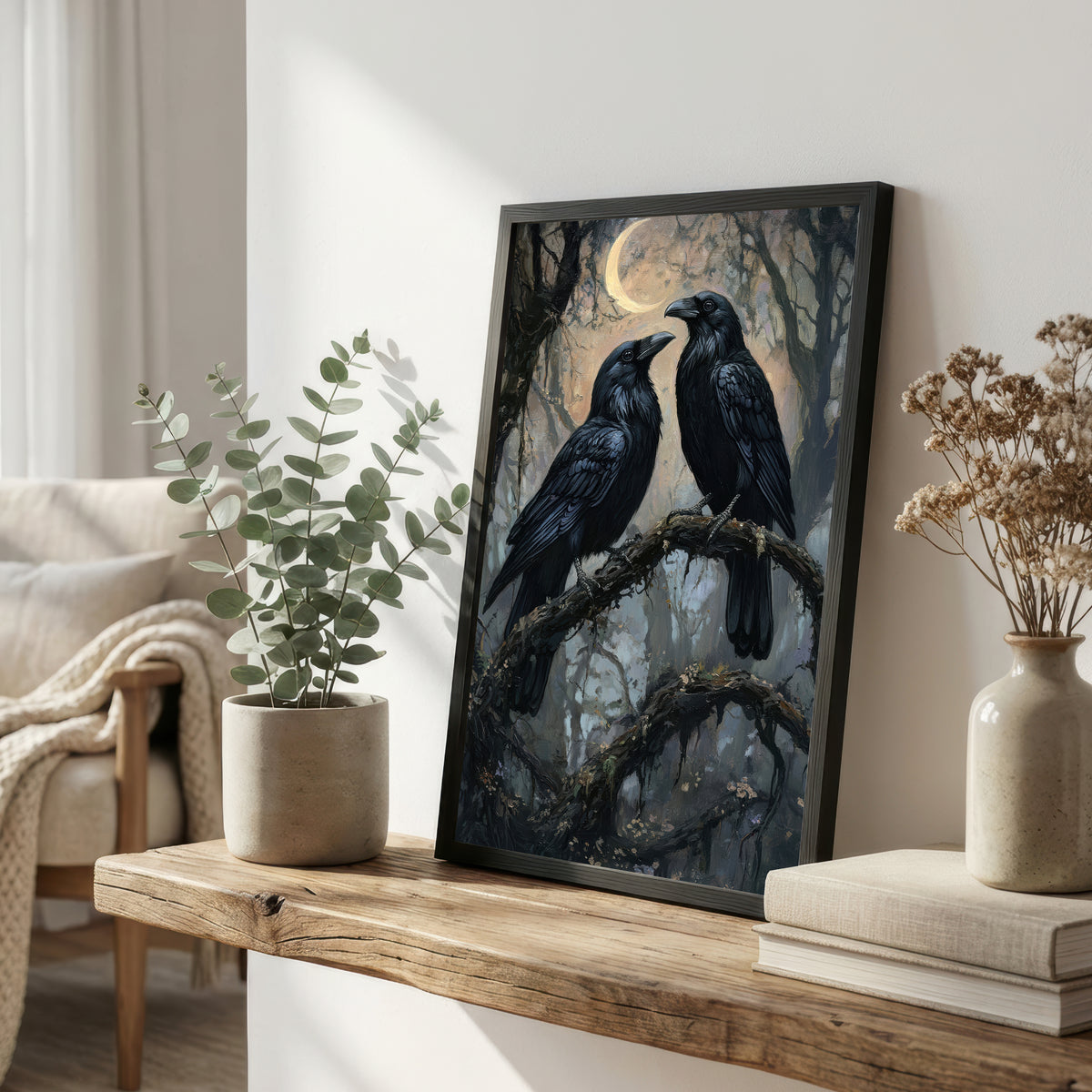 Raven Pair Moonlit Forest Art Print