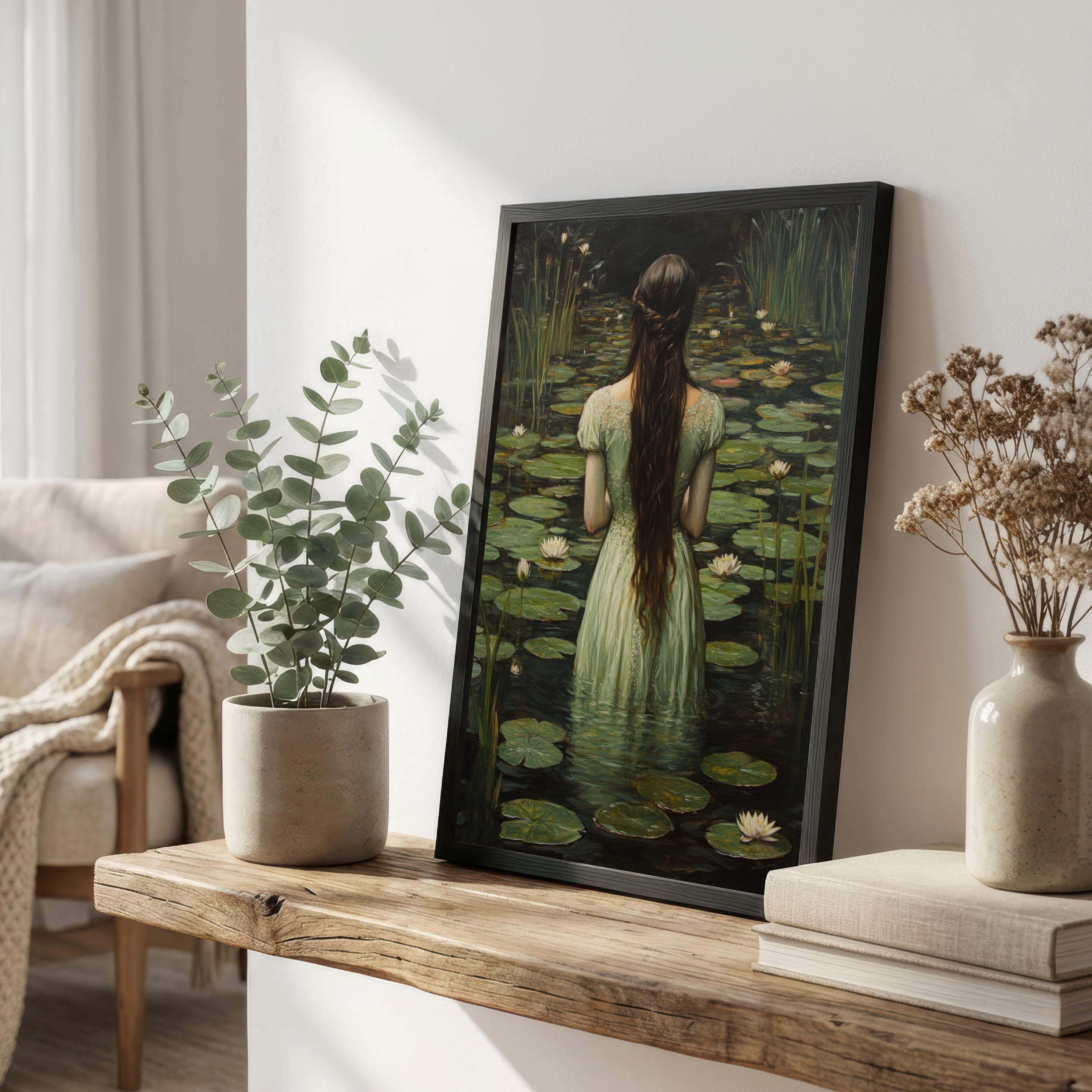 Woman in Water Lily Pond Art Print