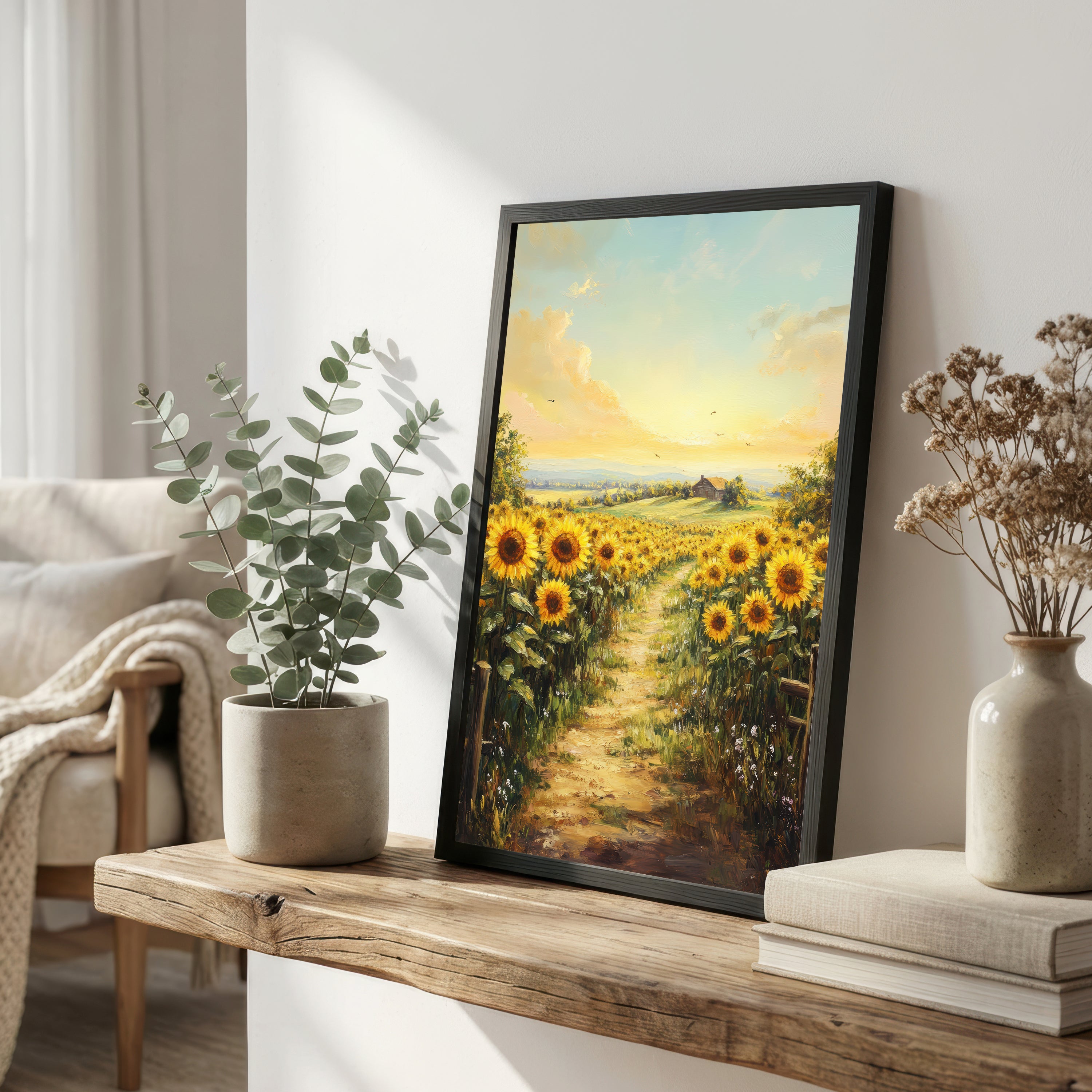 Sunflower Field Country Path Art Print