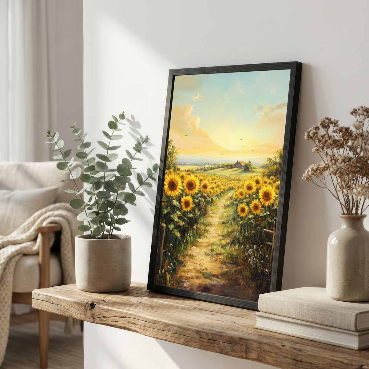 Sunflower Field Country Path Art Print