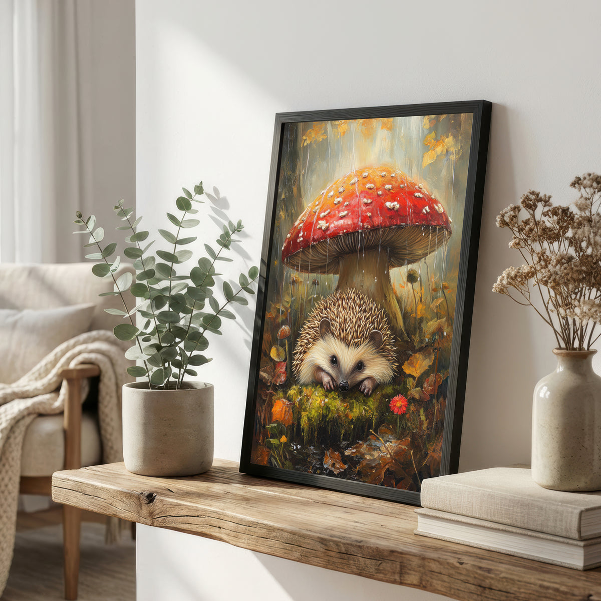 Hedgehog Beneath a Mushroom Art Print