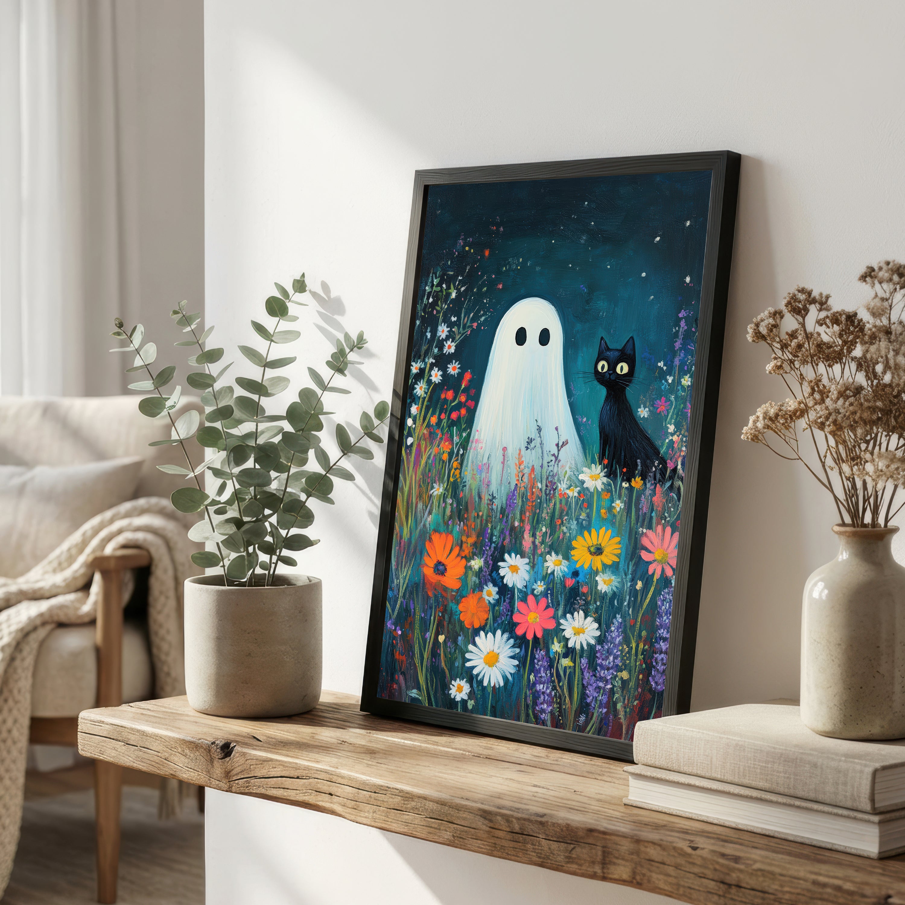 Ghost and Black Cat Meadow Art Print