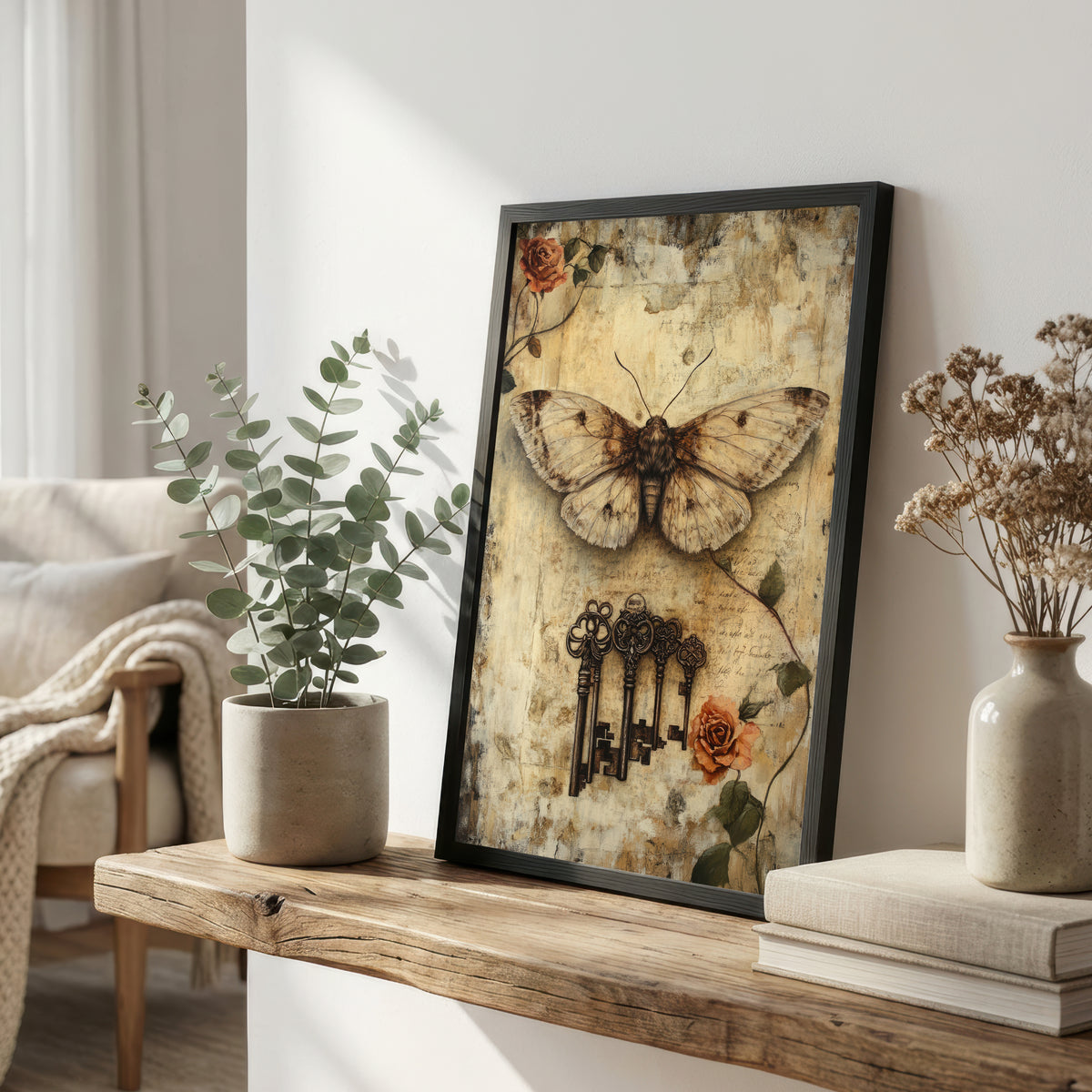 Moth and Keys Vintage Art Print
