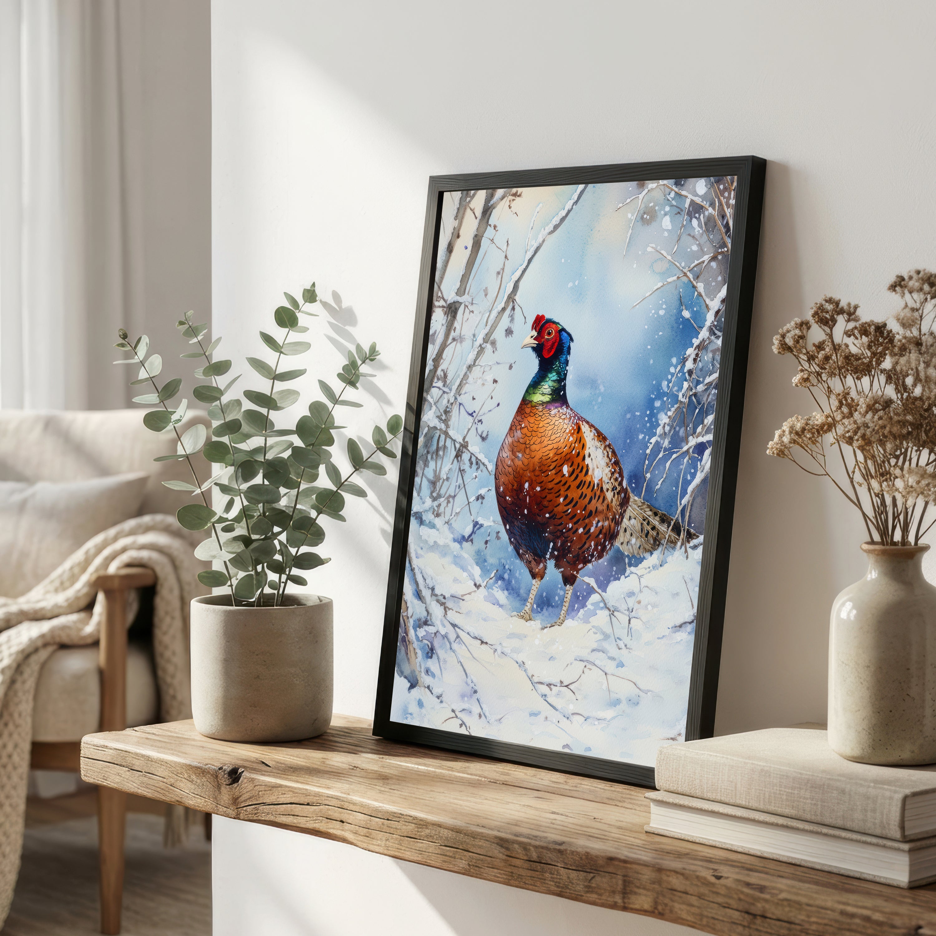 Snowy Pheasant Watercolour Art Print