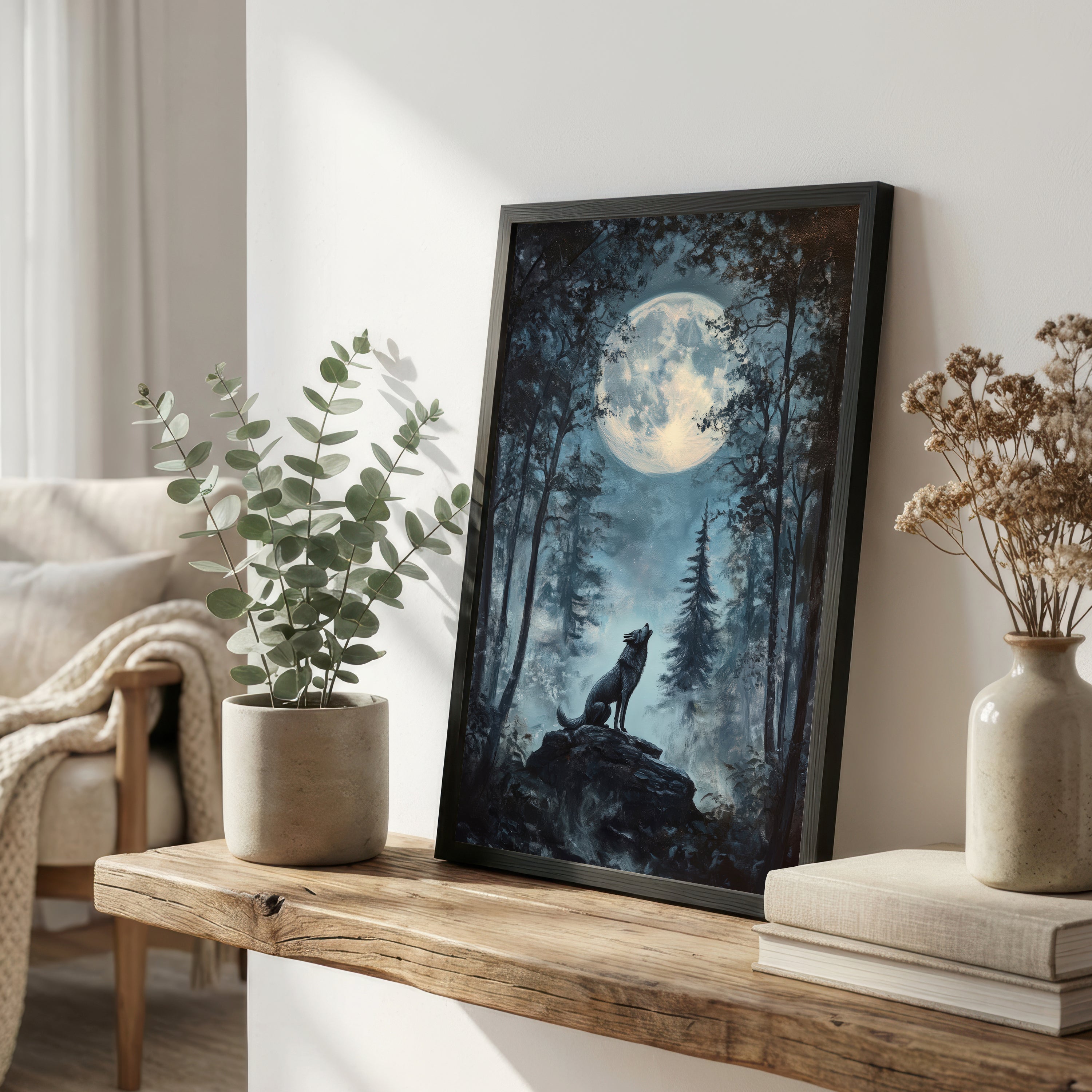 Howling Wolf Moonlit Forest Art Print