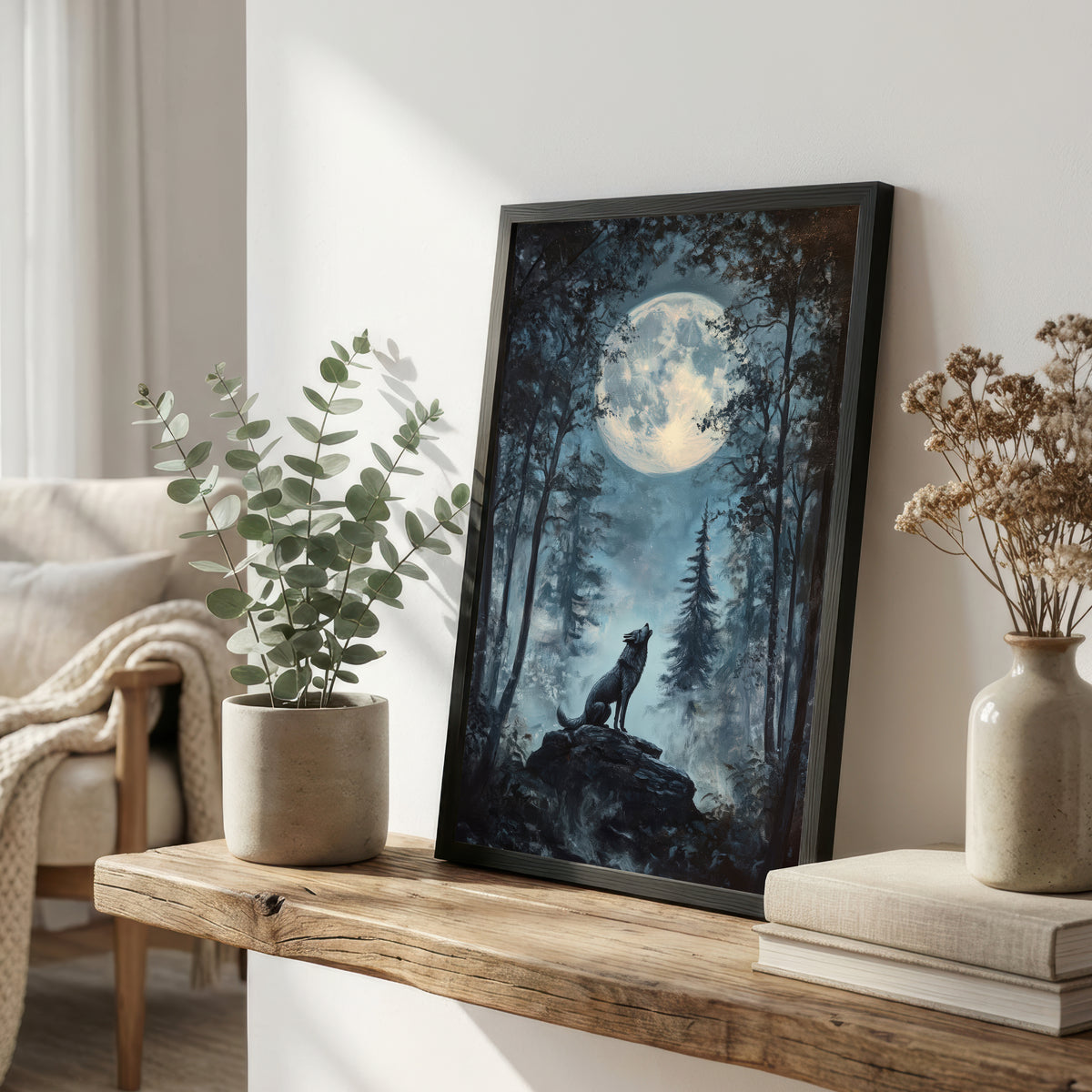 Howling Wolf Moonlit Forest Art Print