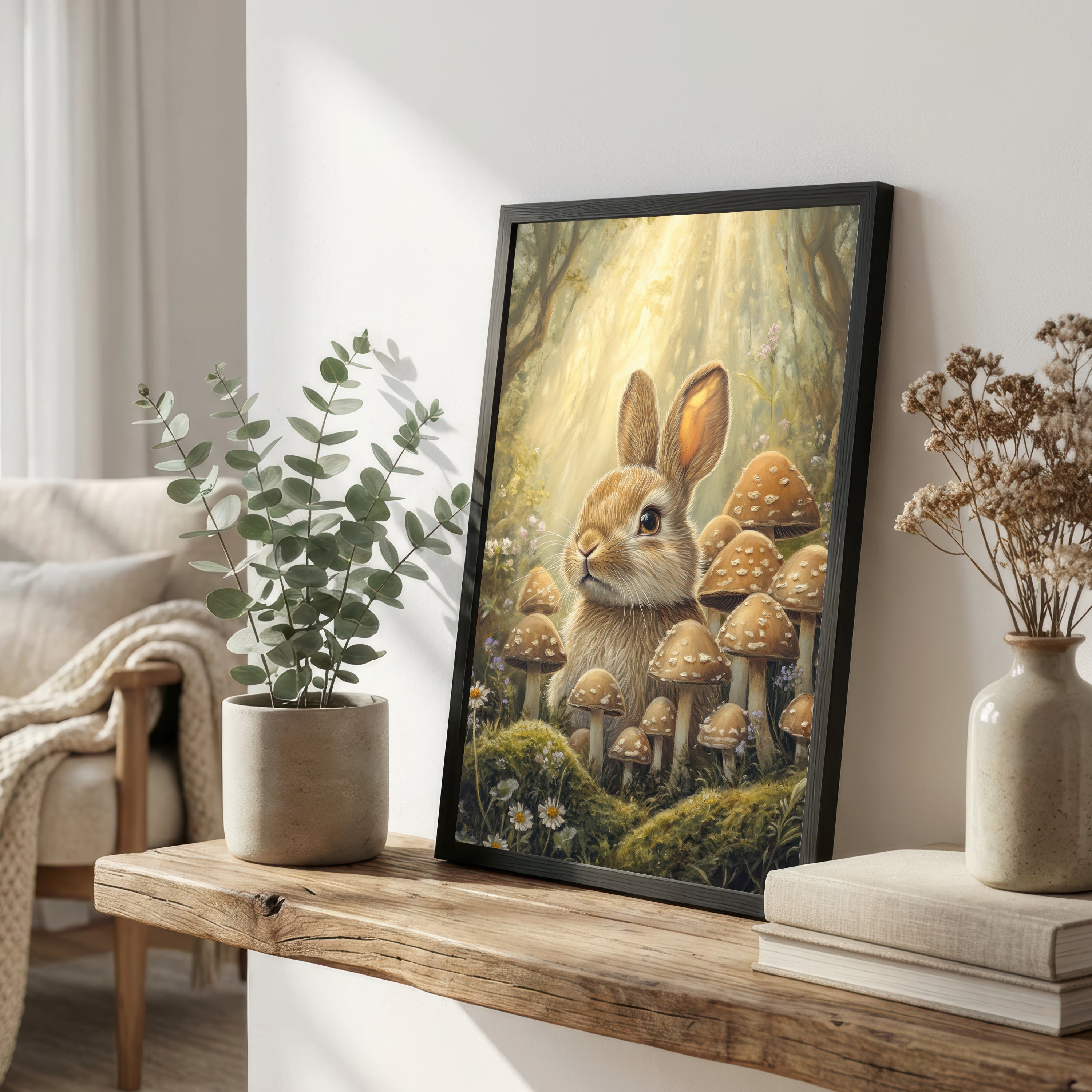 Woodland Rabbit Mushroom Art Print