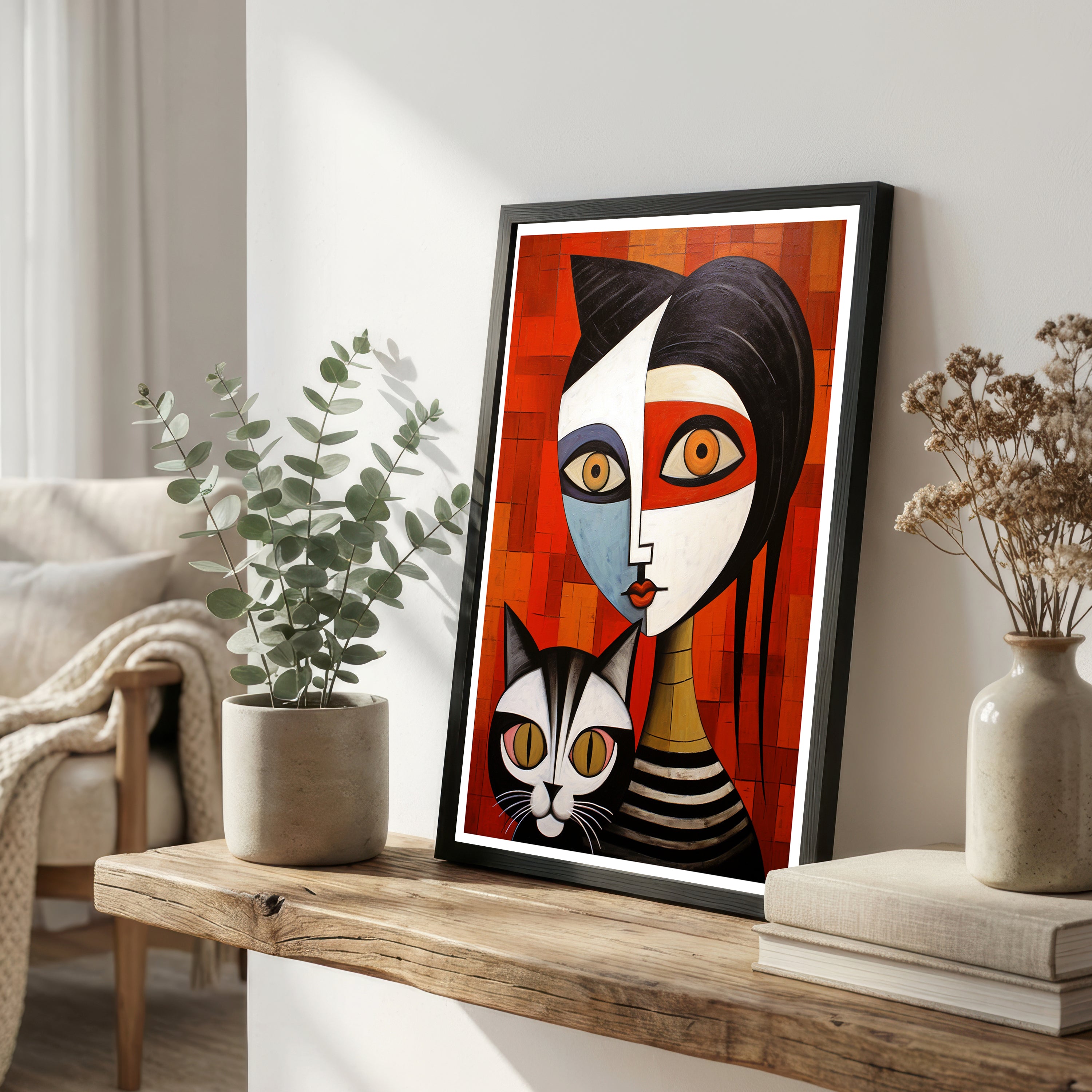 Geometric Woman and Cat Art Print
