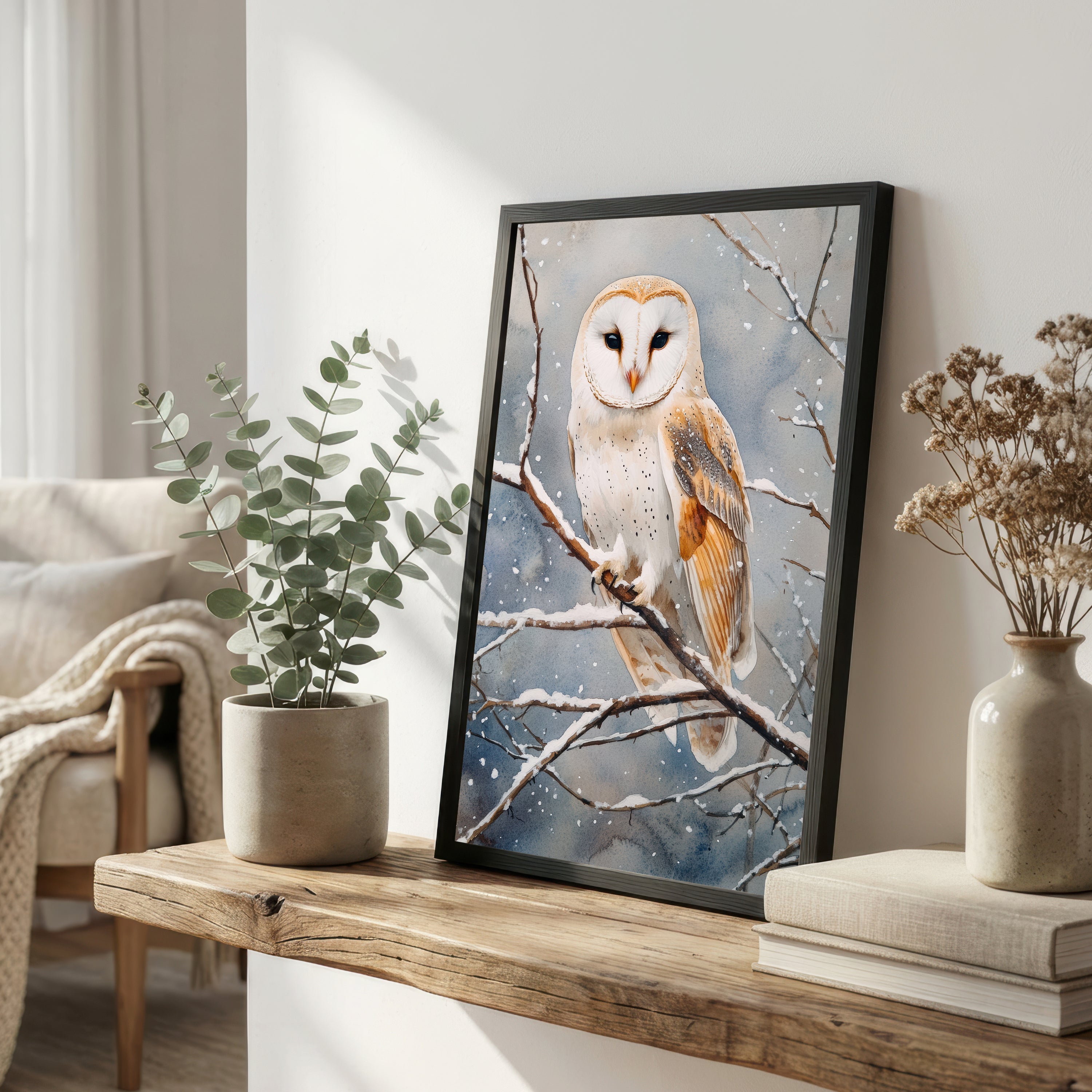 Snowy Barn Owl Watercolour Art Print