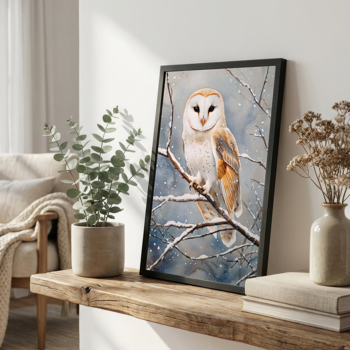 Snowy Barn Owl Watercolour Art Print
