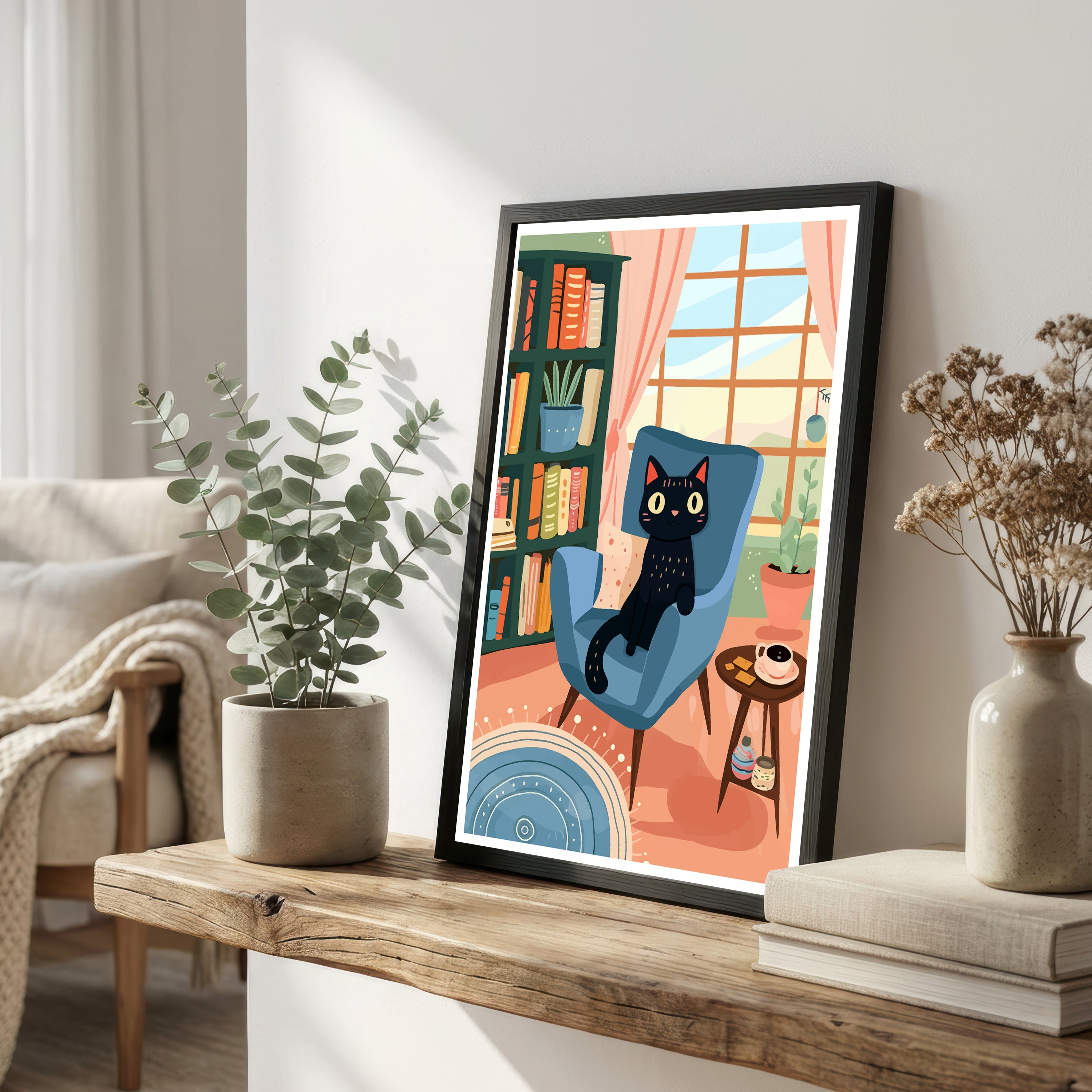 Black Cat Cozy Reading Nook Art Print