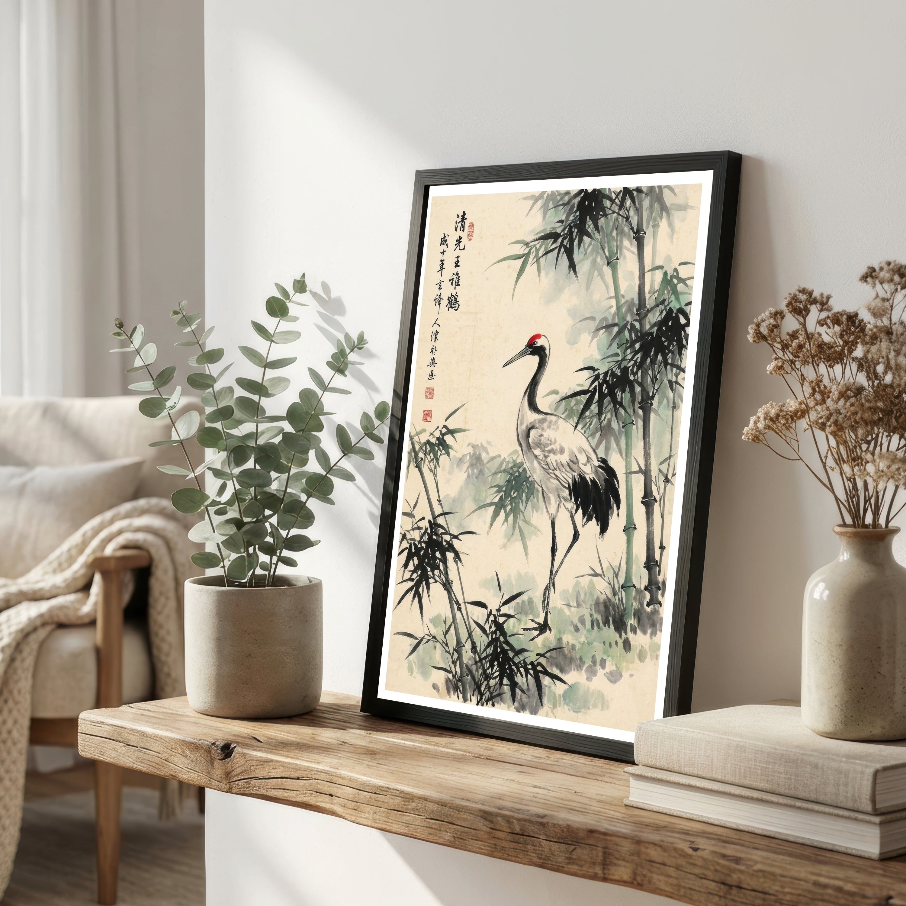 Crane and Bamboo Ink Wash Art Print