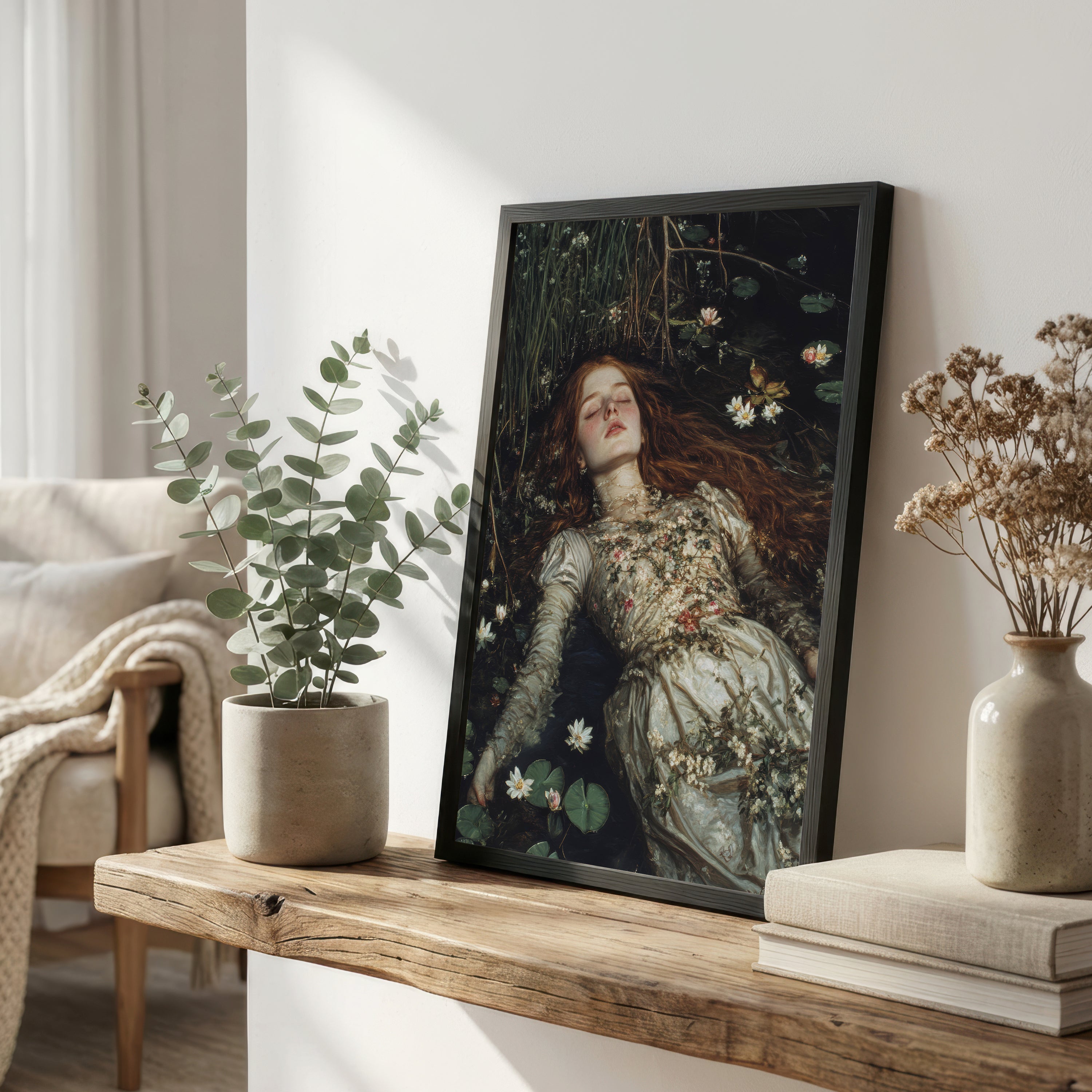 Woman Floating in Lily Pond Art Print