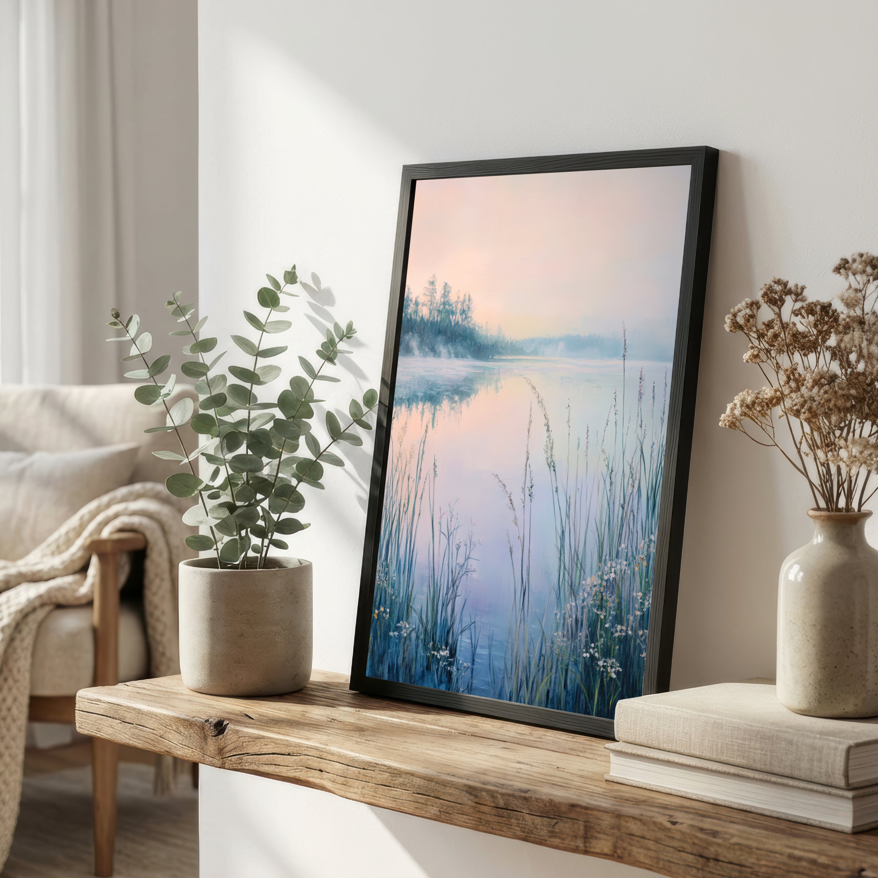 Misty Lake Reeds Landscape Art Print