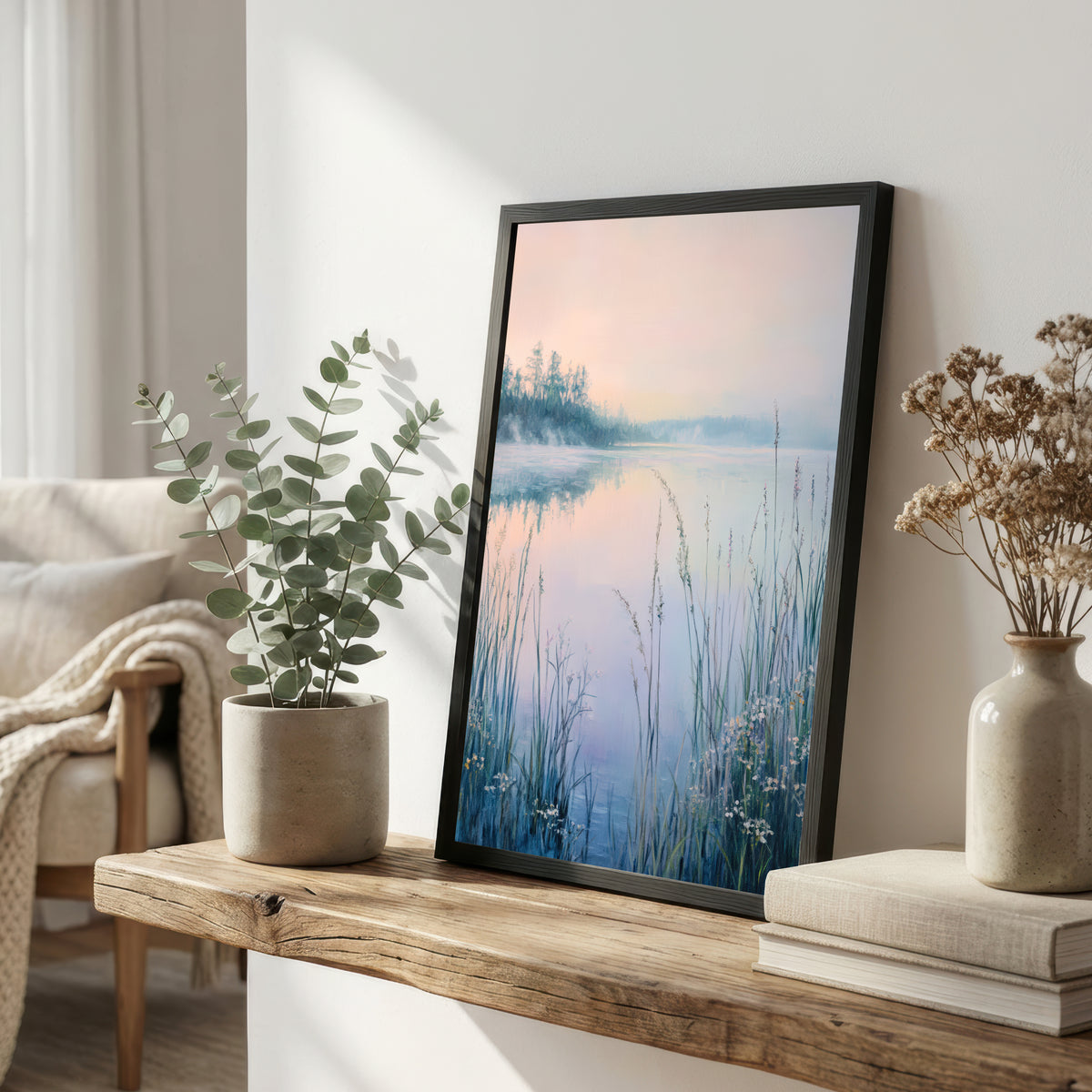 Misty Lake Reeds Landscape Art Print