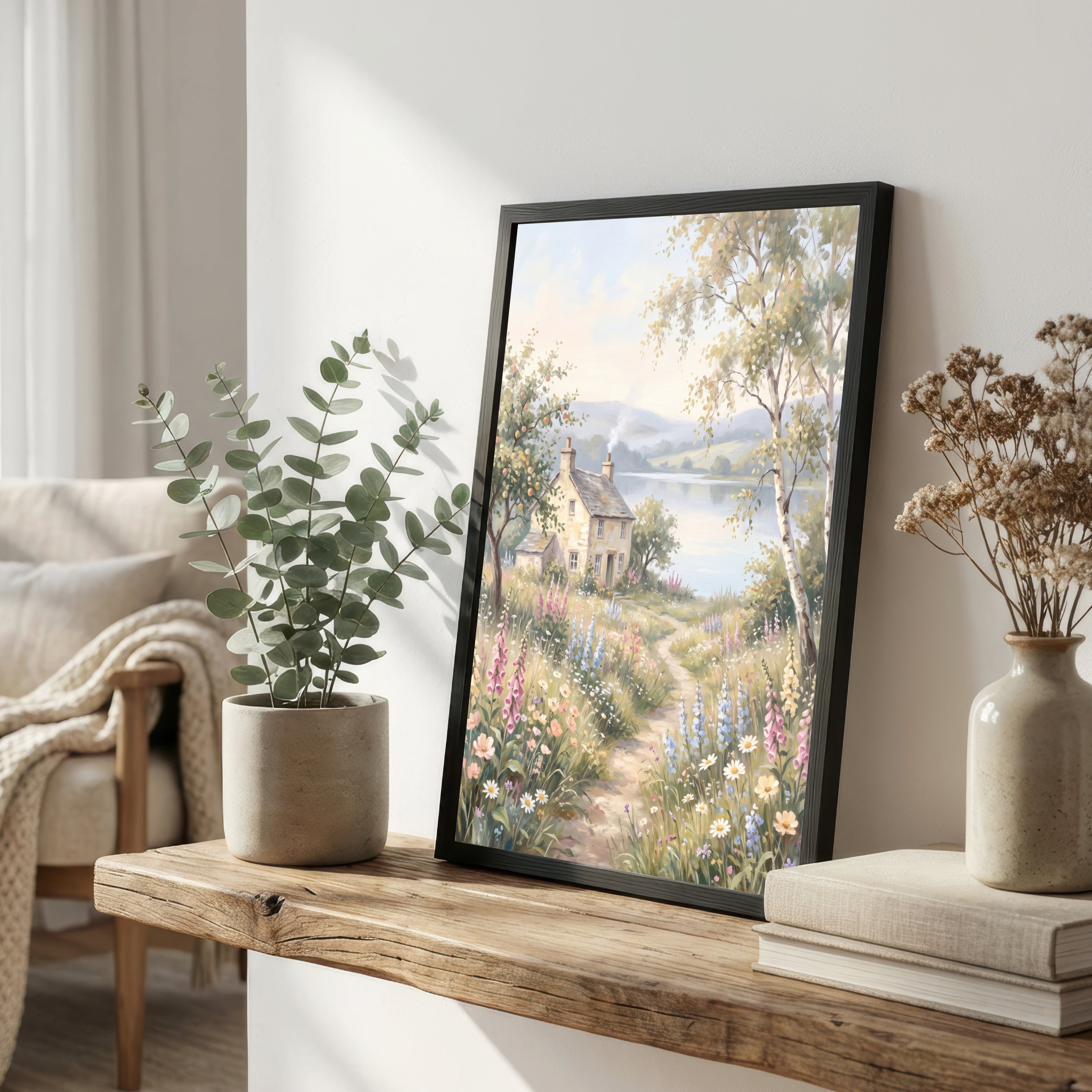 Lakeside Cottage Wildflower Art Print