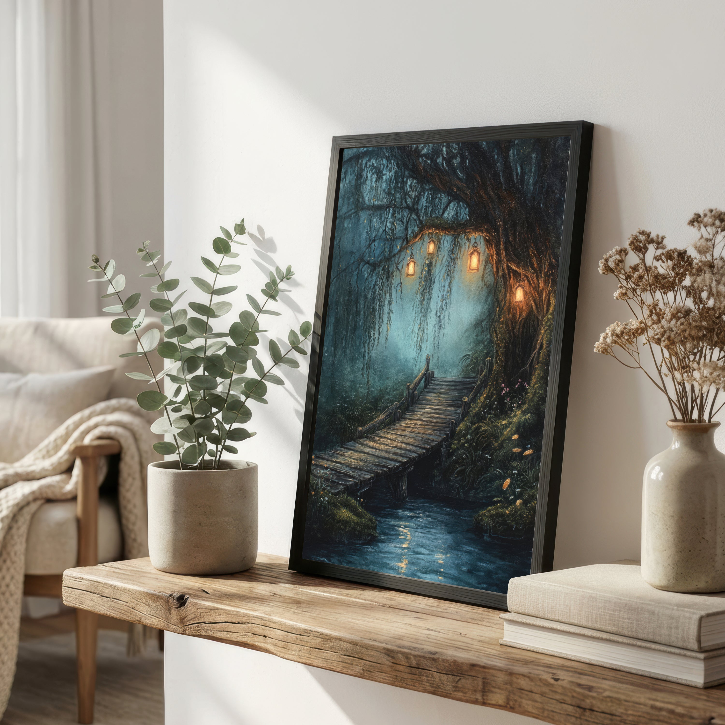 Enchanted Forest Lantern Bridge Art Print