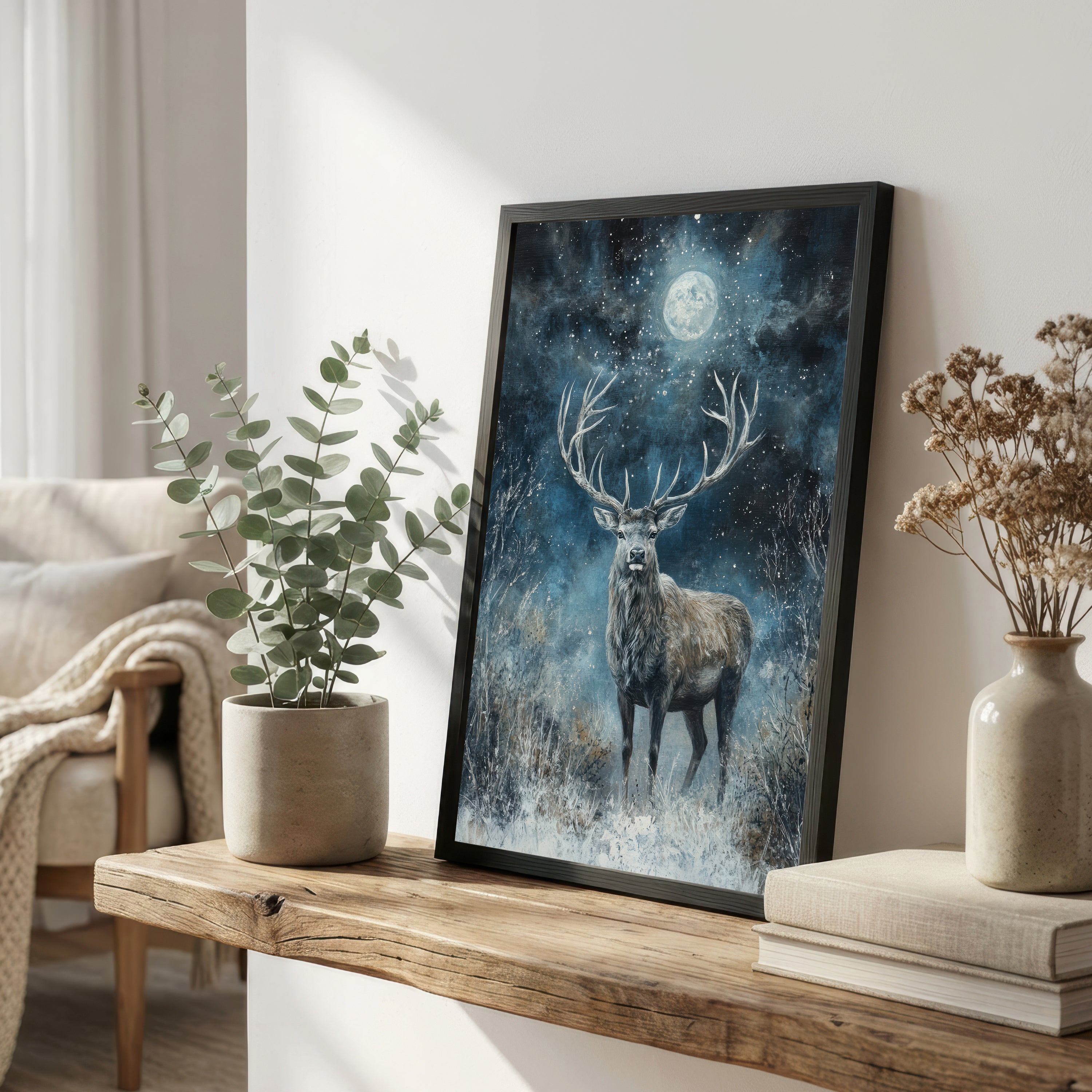 Moonlit Stag Woodland Art Print
