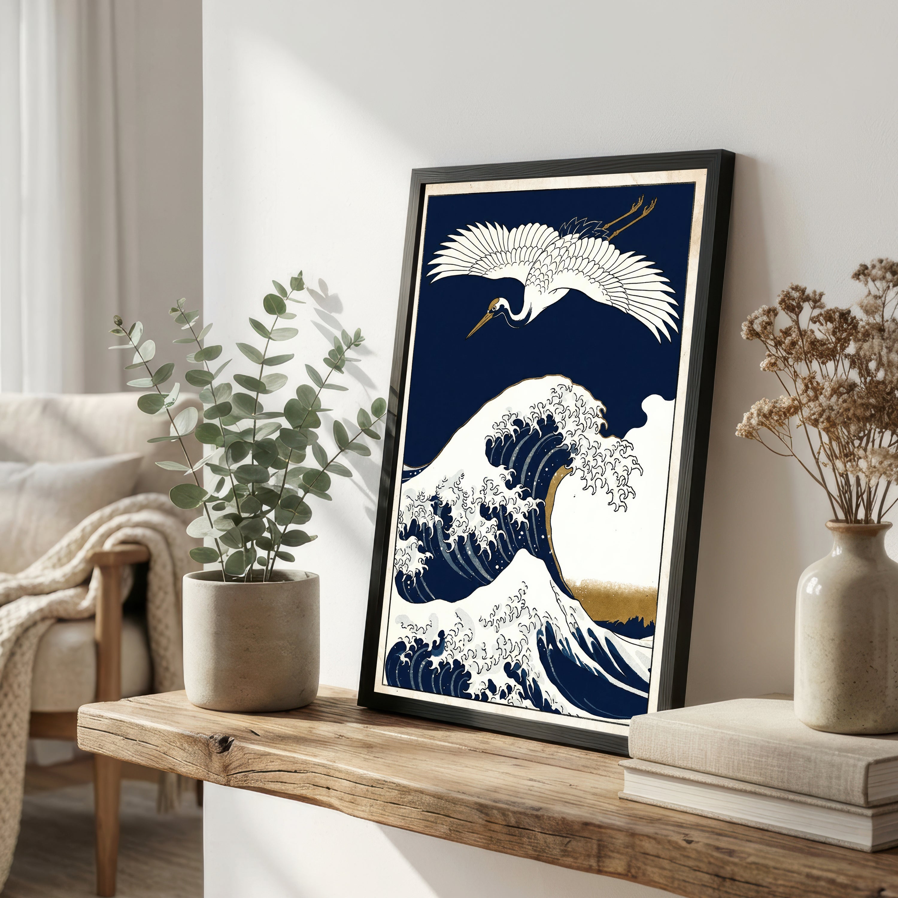 Japanese Heron and Wave Art Print
