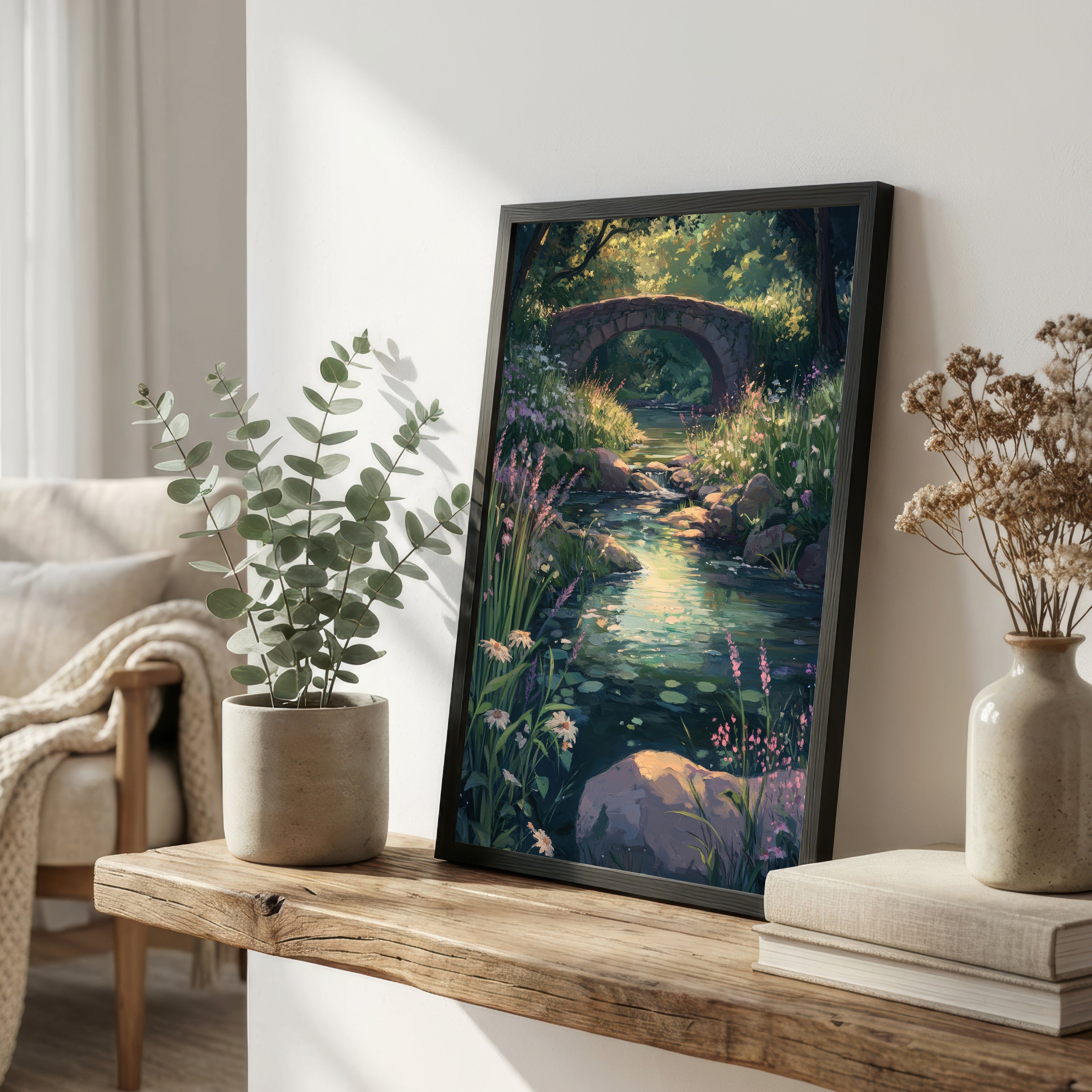 Woodland Stream Stone Bridge Art Print