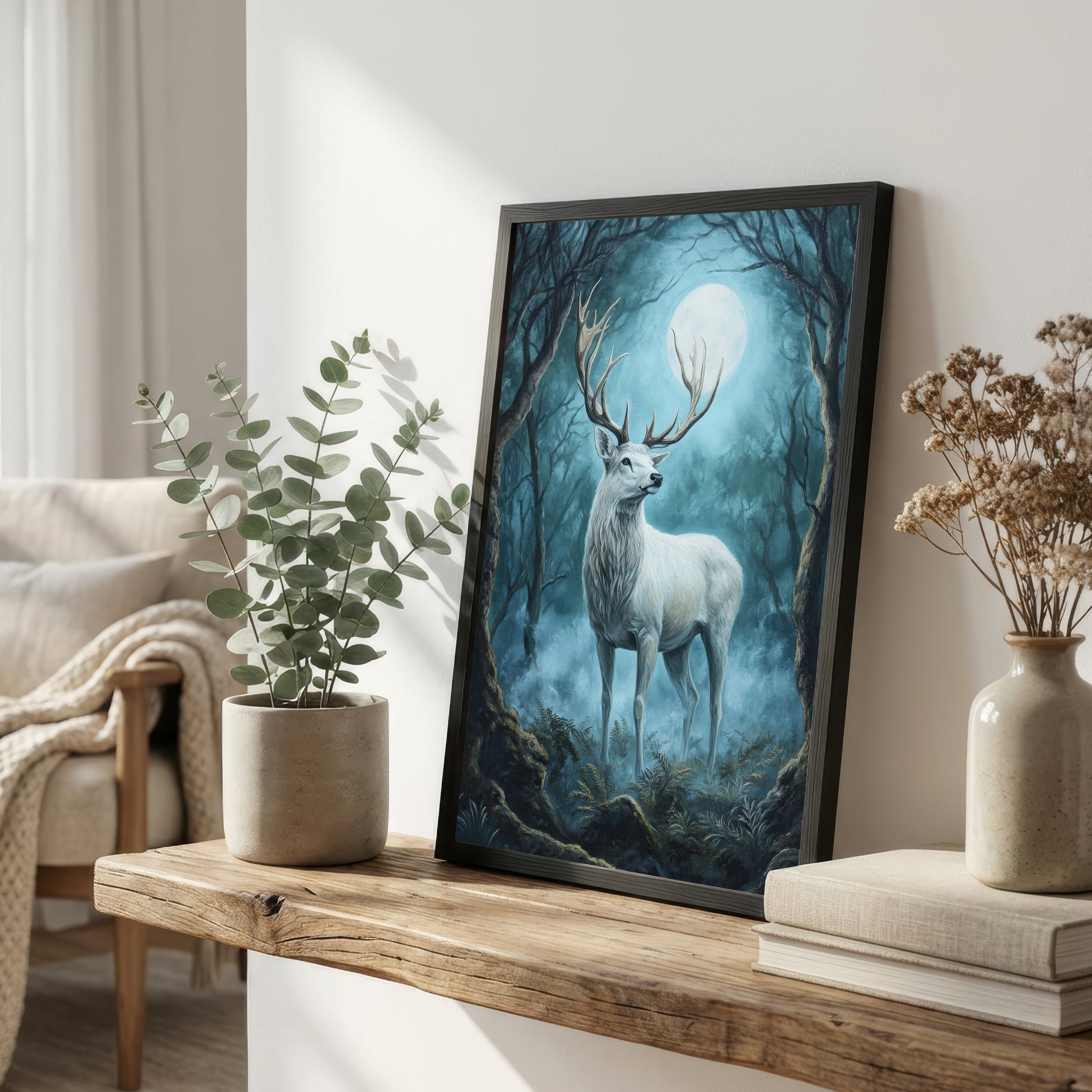 White Stag Moonlit Forest Art Print