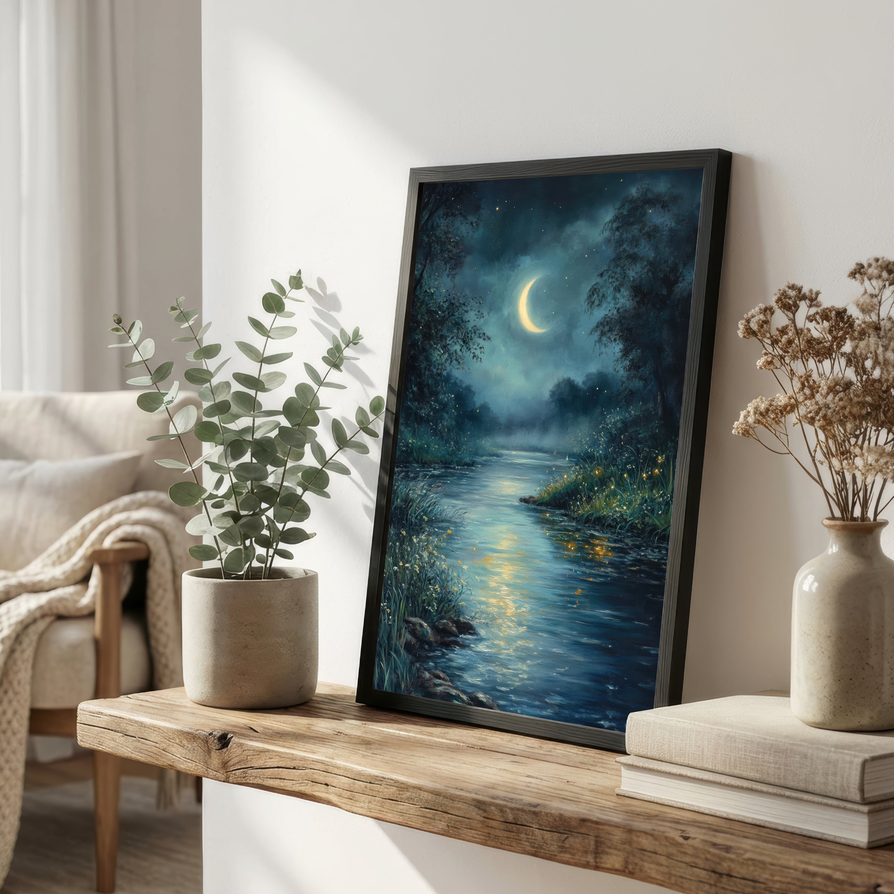 Moonlit Forest River Art Print