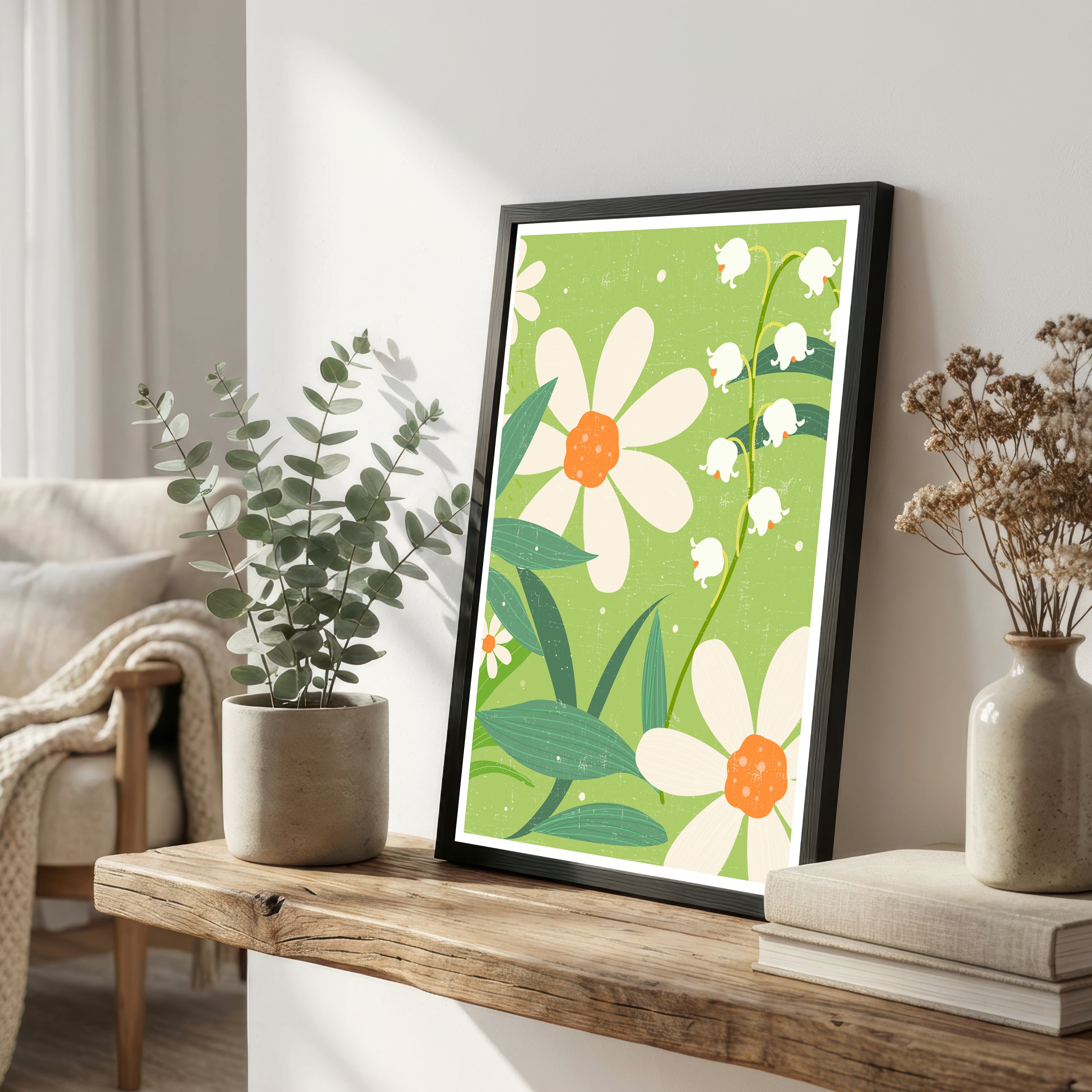 Retro Daisy and Lily of the Valley Art Print