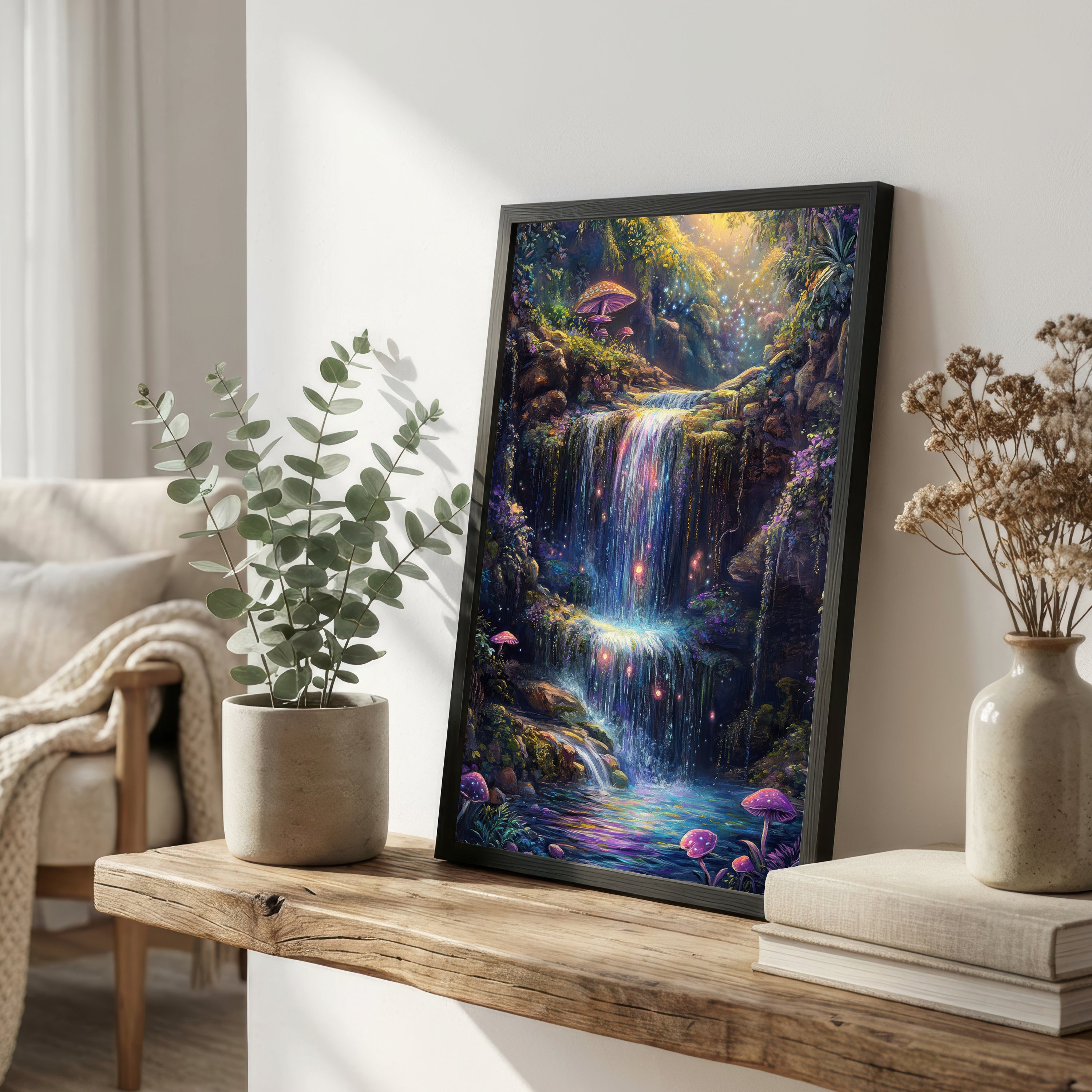 Enchanted Waterfall Mushroom Art Print