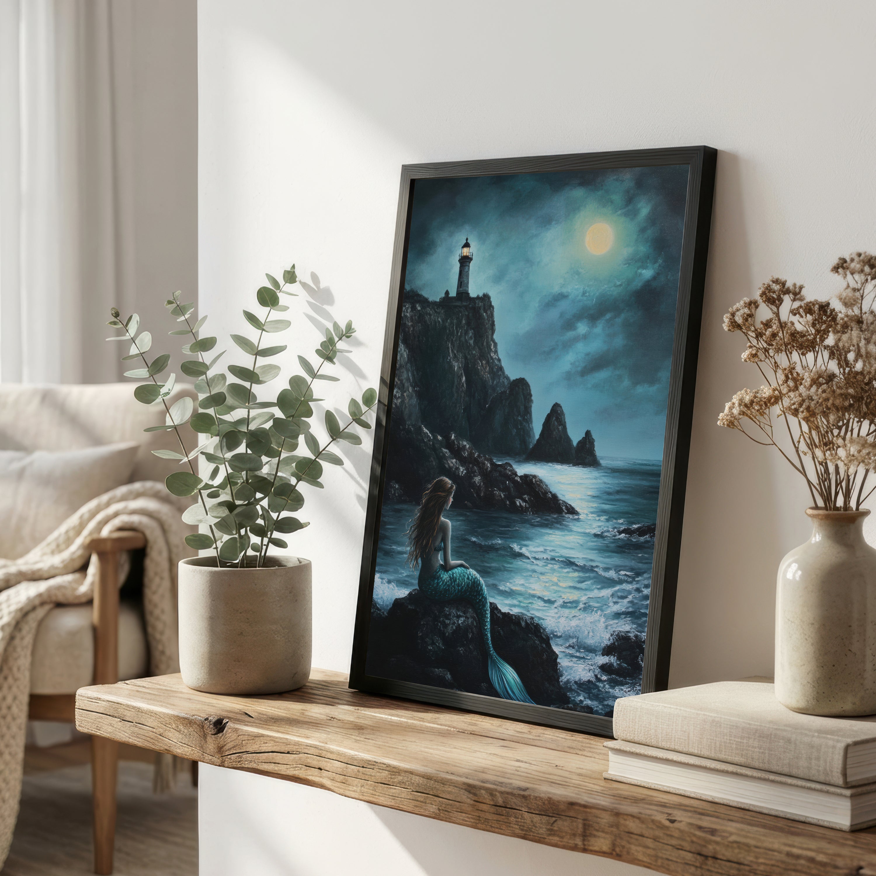 Moonlit Mermaid Lighthouse Art Print