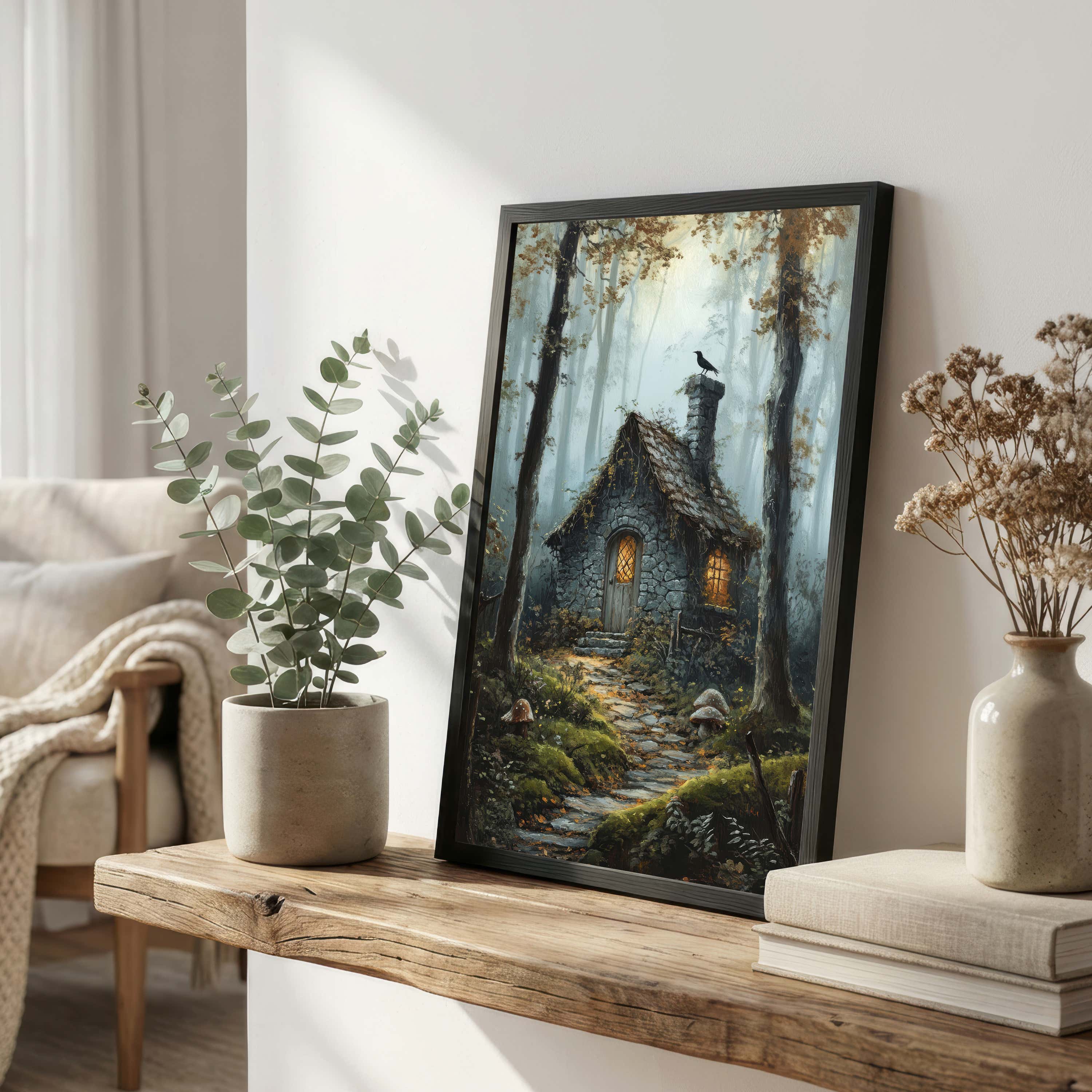 Misty Forest Cottage Art Print
