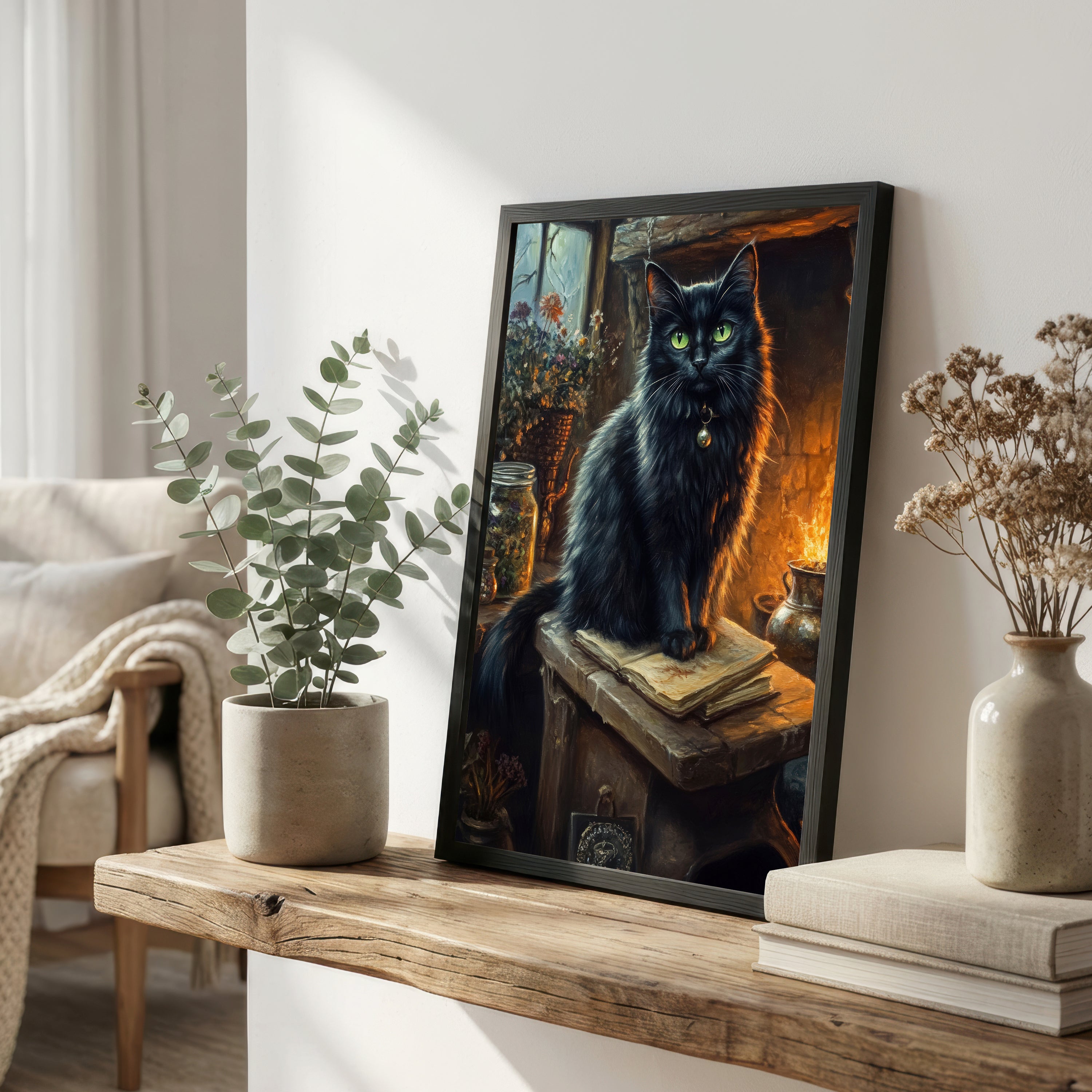 Black Cat Fireplace Art Print