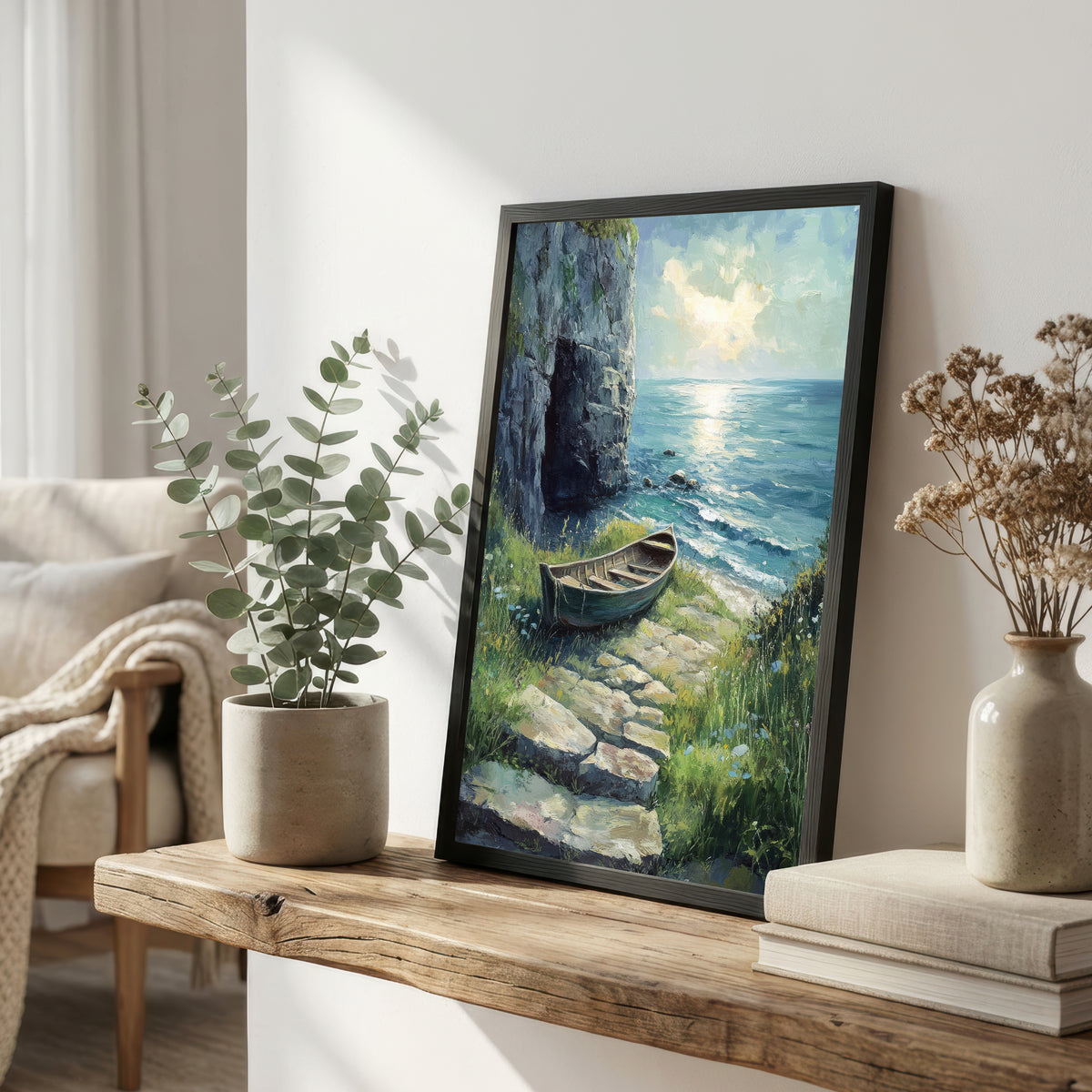Coastal Cliff Rowboat Art Print