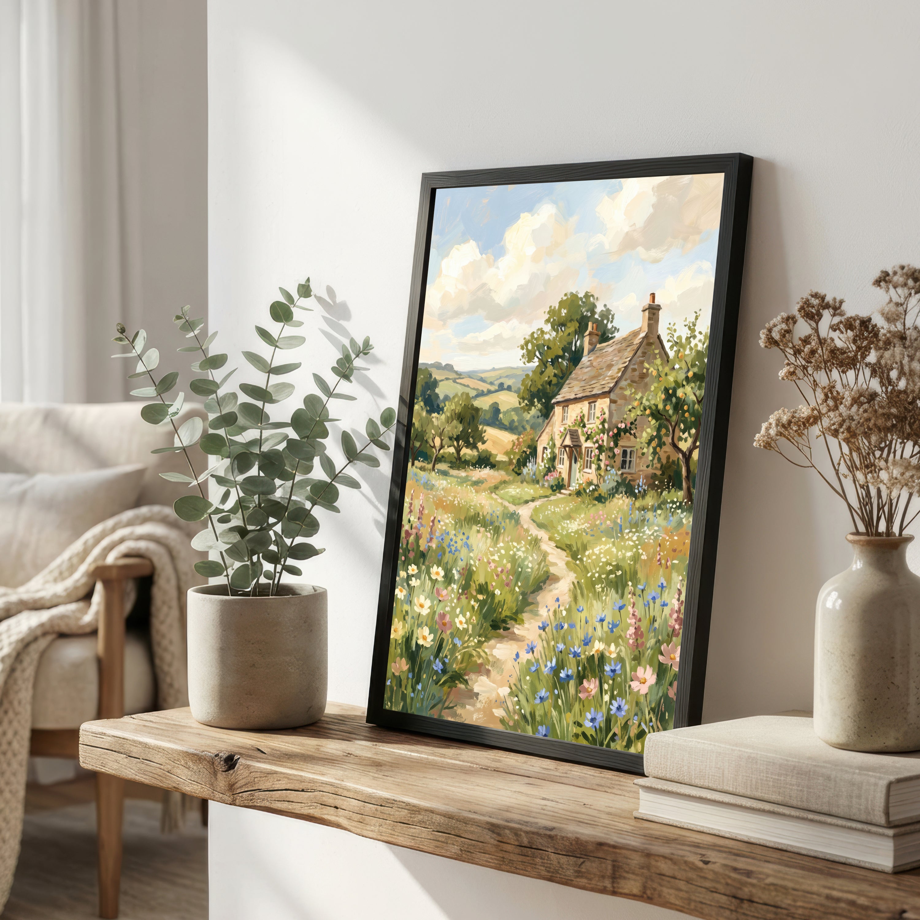Cottage Meadow Landscape Art Print