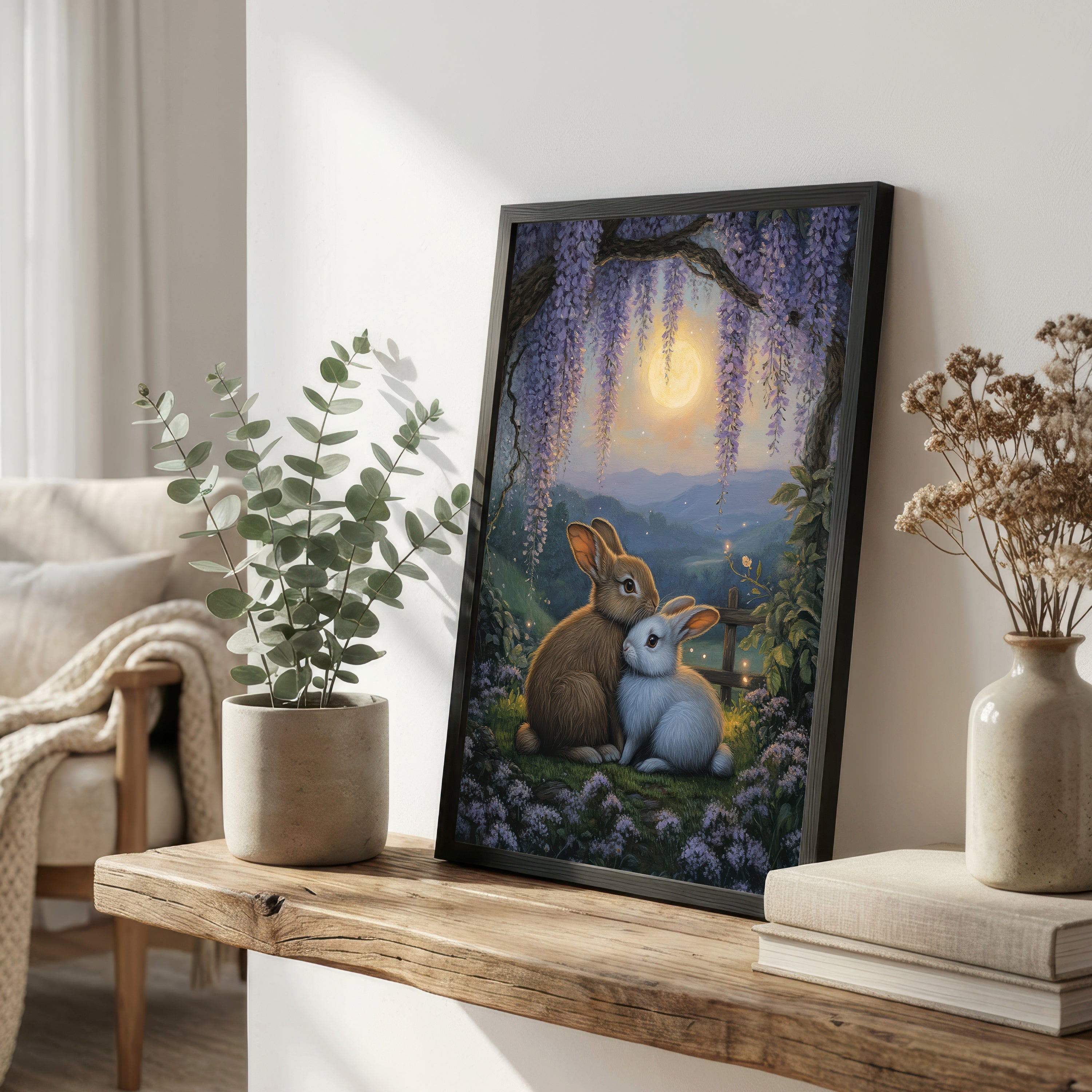 Moonlit Rabbit Pair Art Print