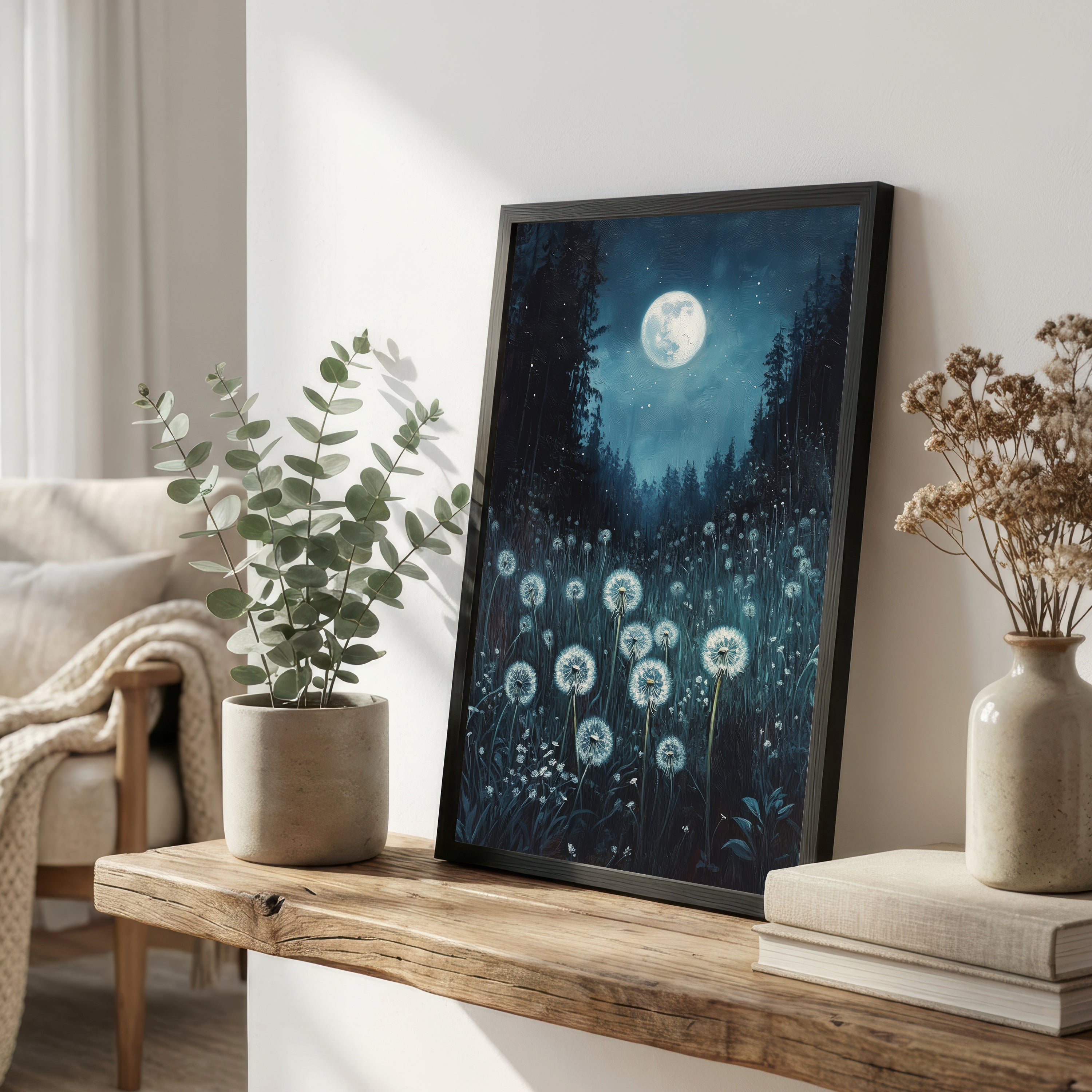 Moonlit Dandelion Meadow Art Print