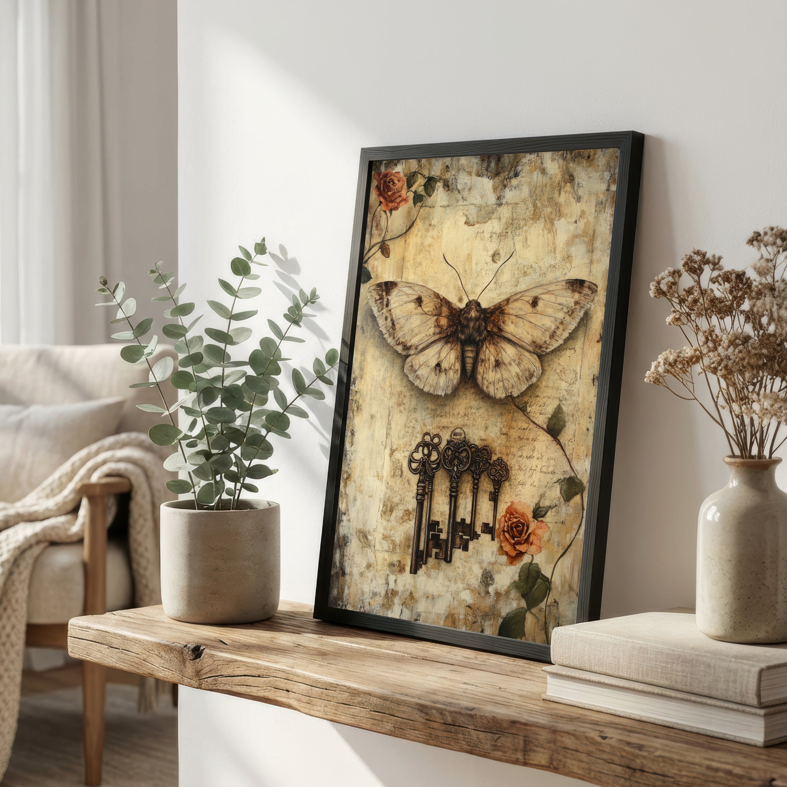 Vintage Moth Keys and Roses Art Print