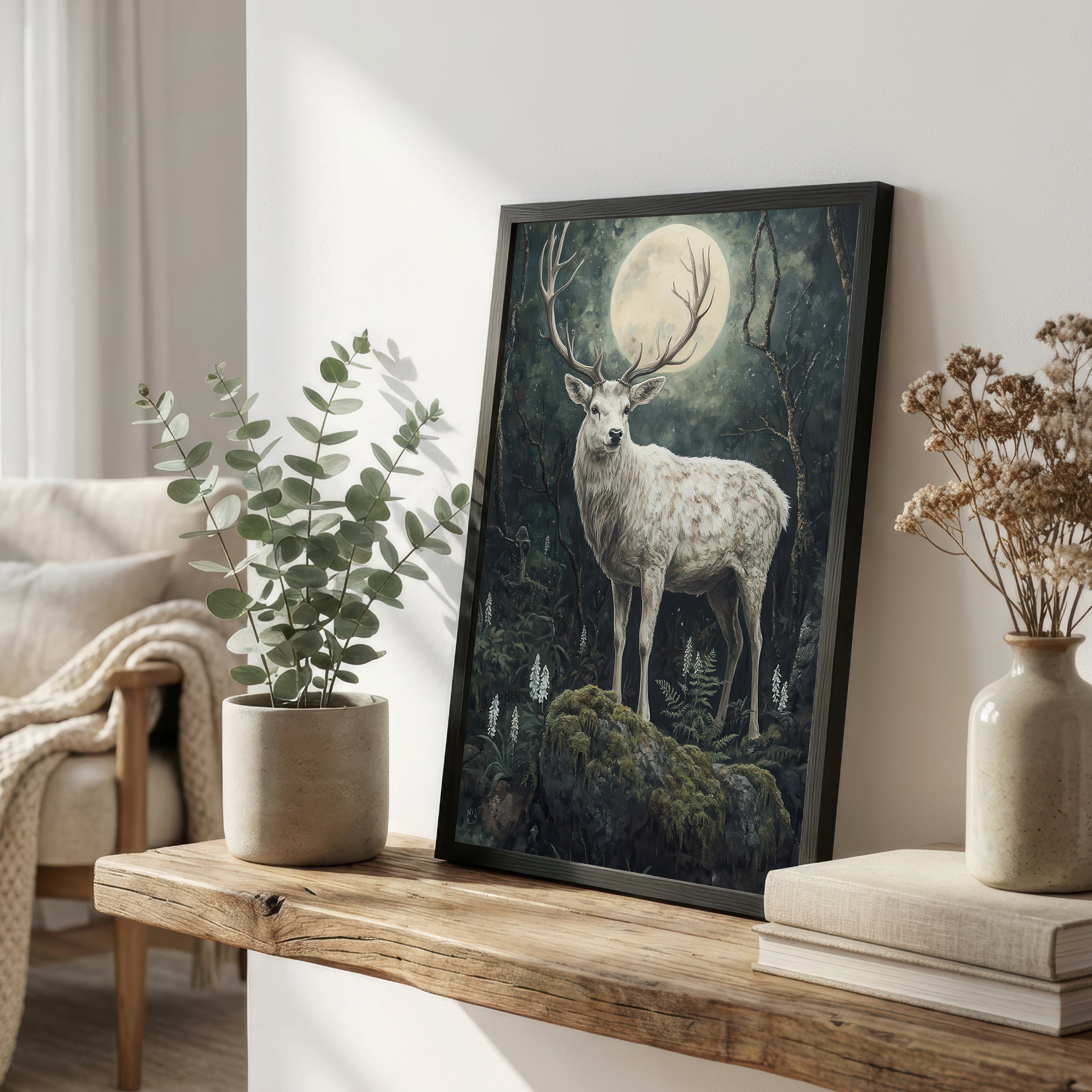 Moonlit Stag Forest Art Print