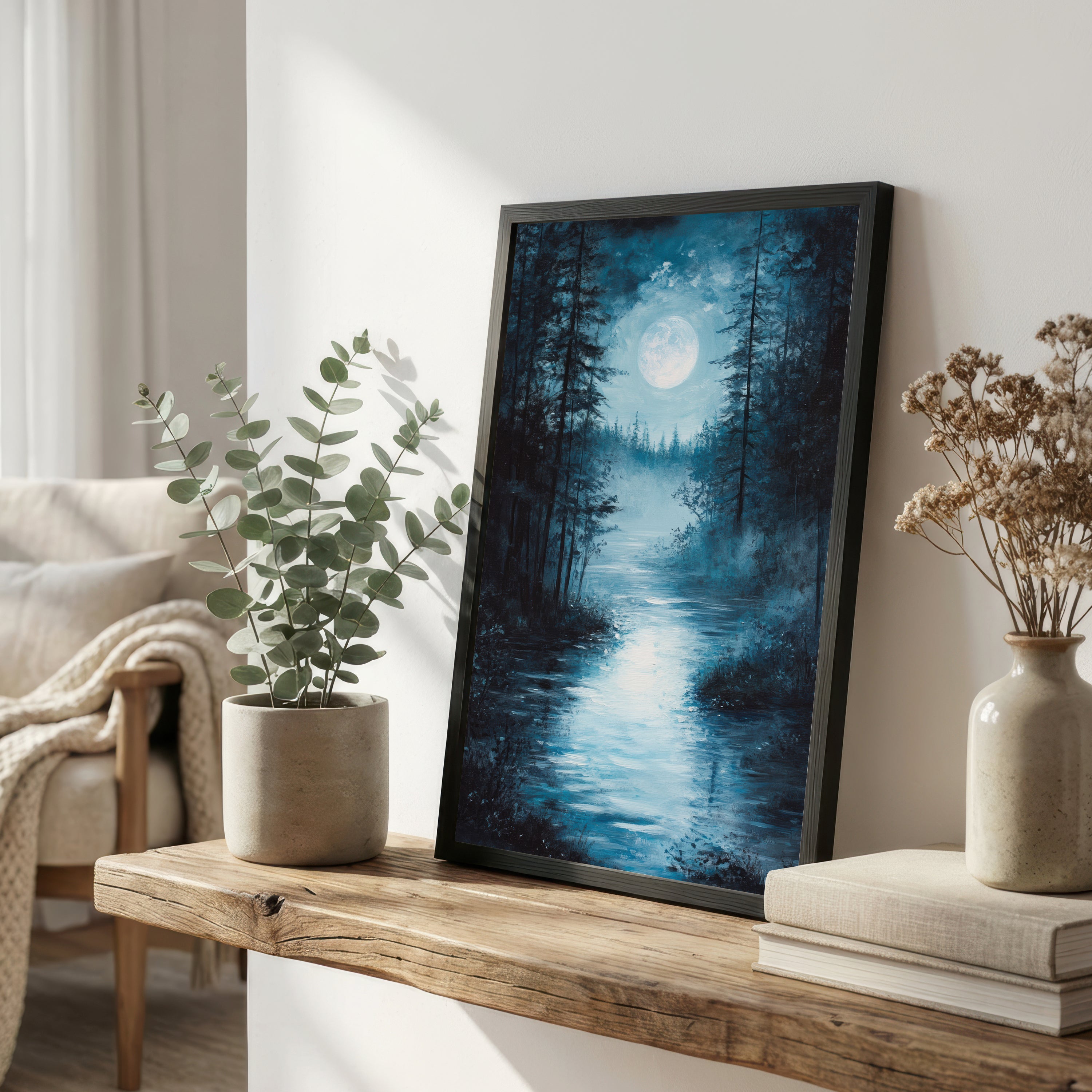 Moonlit Forest River Art Print