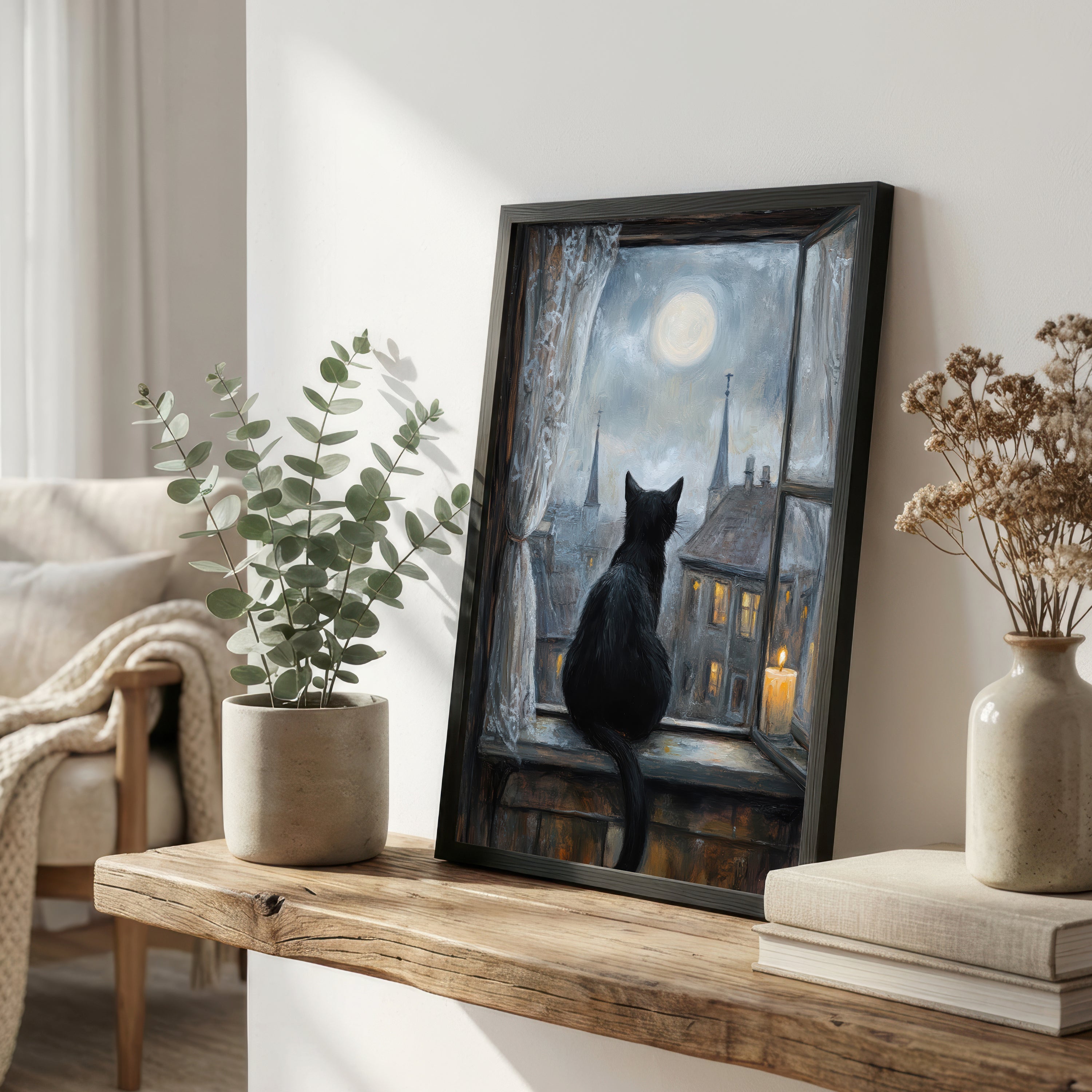 Black Cat Moonlit Window Art Print