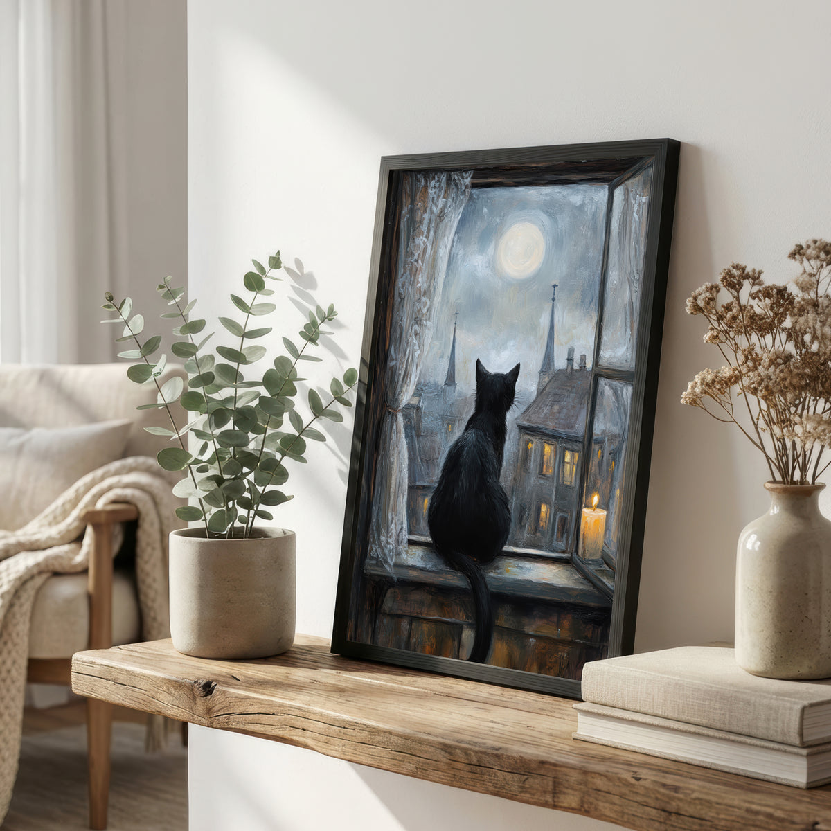 Black Cat Moonlit Window Art Print